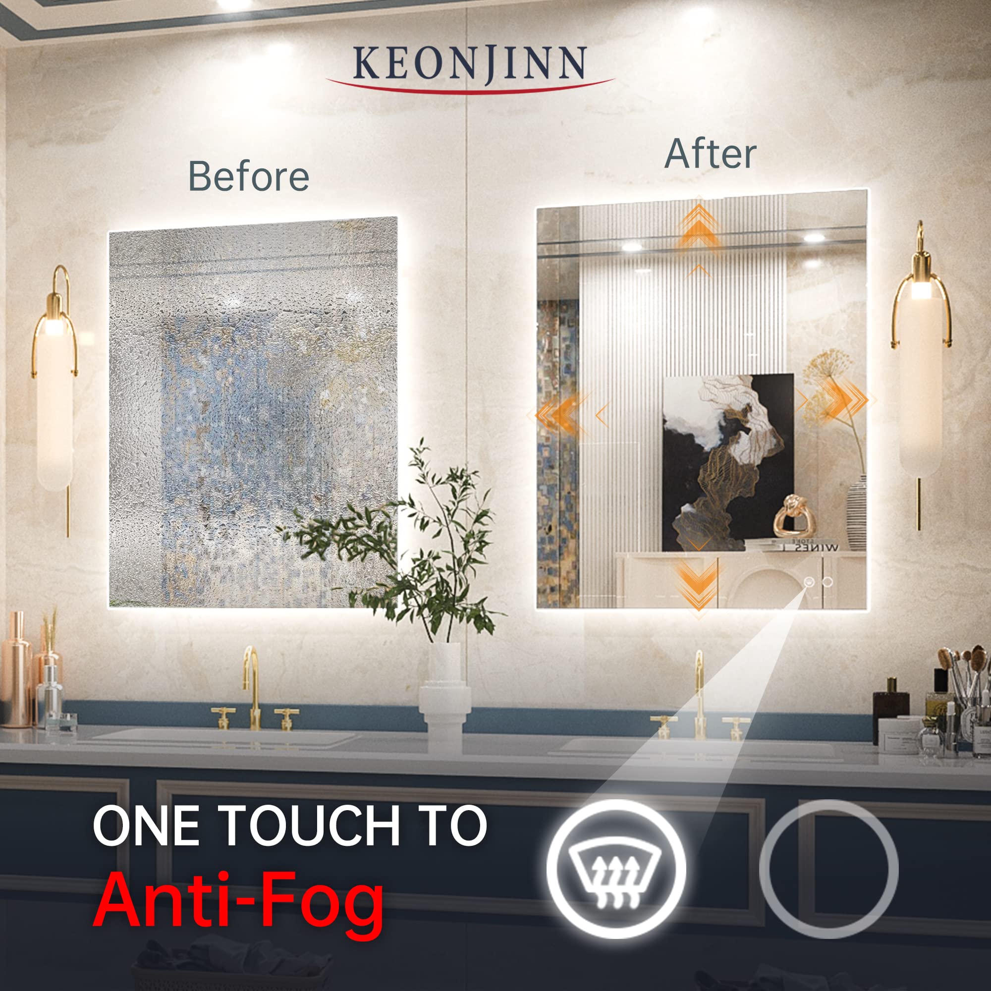 Keonjinn Backlit LED Bathroom Mirror, 36x28 Inch, Anti-Fog, Dimmable, IP54 Waterproof, Model K1MIGB004, Glass Finish