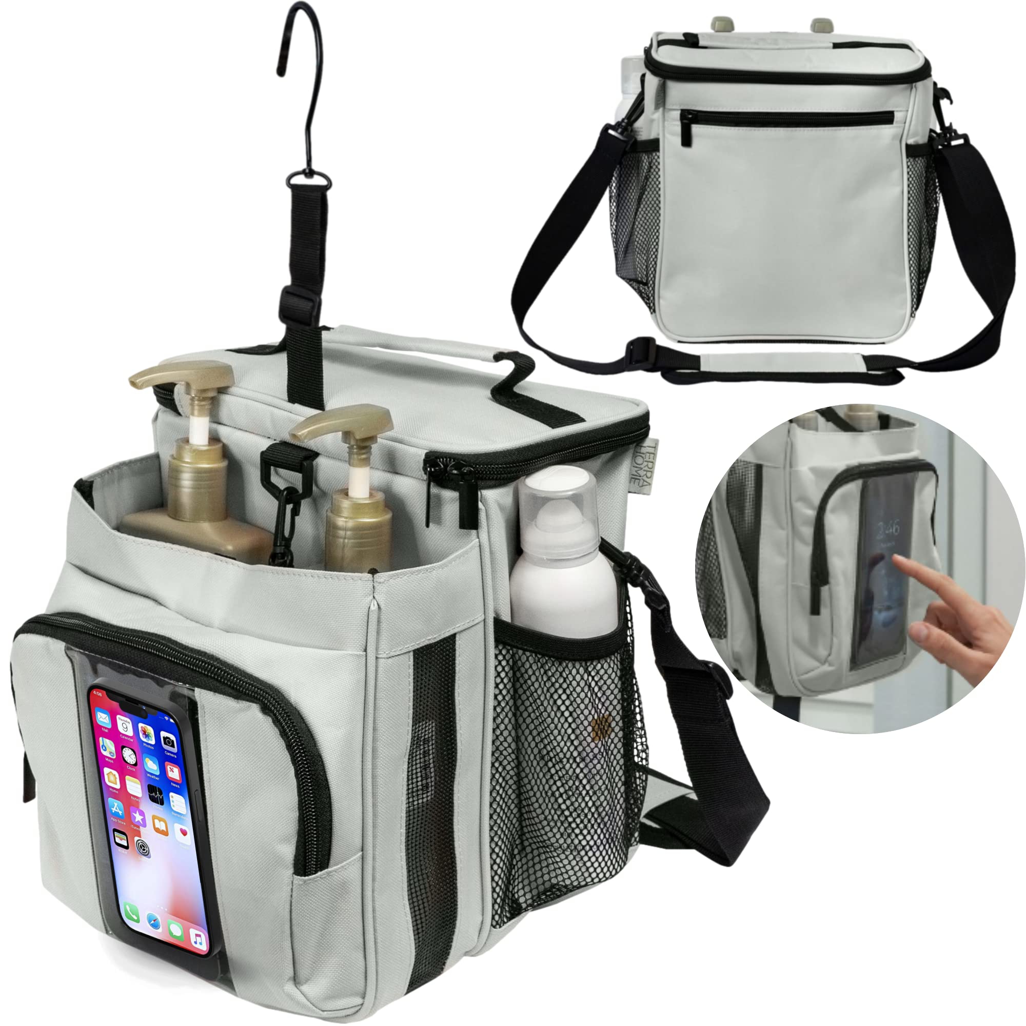 Terra Home Portable Shower Caddy Bag- Large Capacity, Quick Dry With Metal Hook - Hanging Shower Bag - Breathable Mesh Toiletry