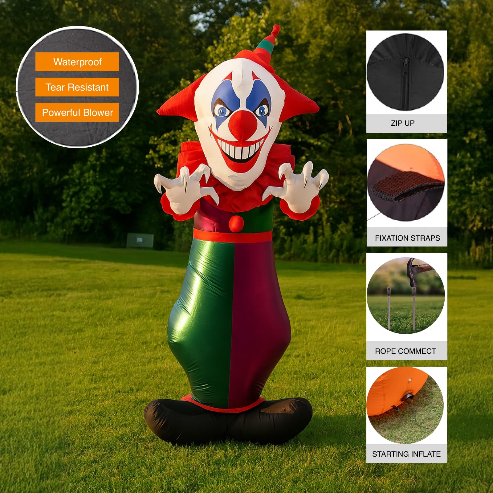 ZOOMATOOE 8 FT Halloween Inflatables Clown Outdoor Decorations, Halloween Blow Up Clown with Creepy Smile Built-in LED Lights or