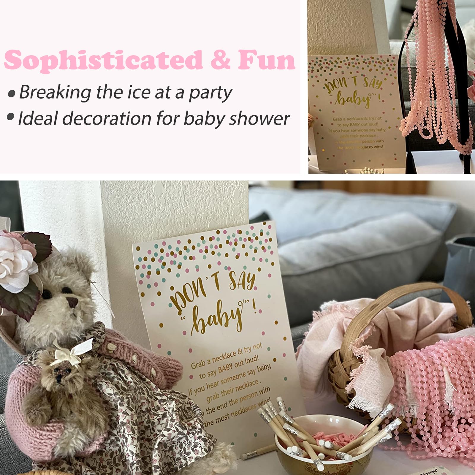 Zjjzgyxintai Baby Shower Games For Girl, Including 1 Dont Say Baby Sign And 24Pcs Pink Beaded Necklace 72Pcs Pink Mini Pin