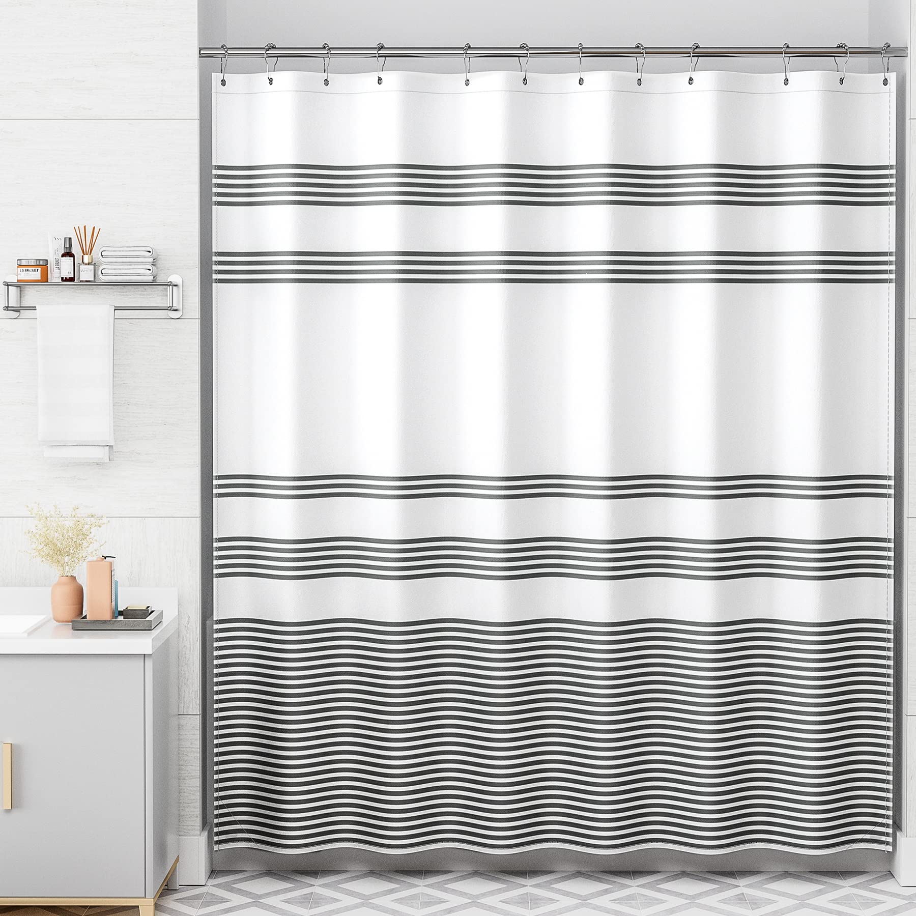 Amazerbath Shower Curtain, Striped Black Fabric Shower Curtain Set With 12 Shower Curtain Hooks, Rustic Cloth Black And White Sh