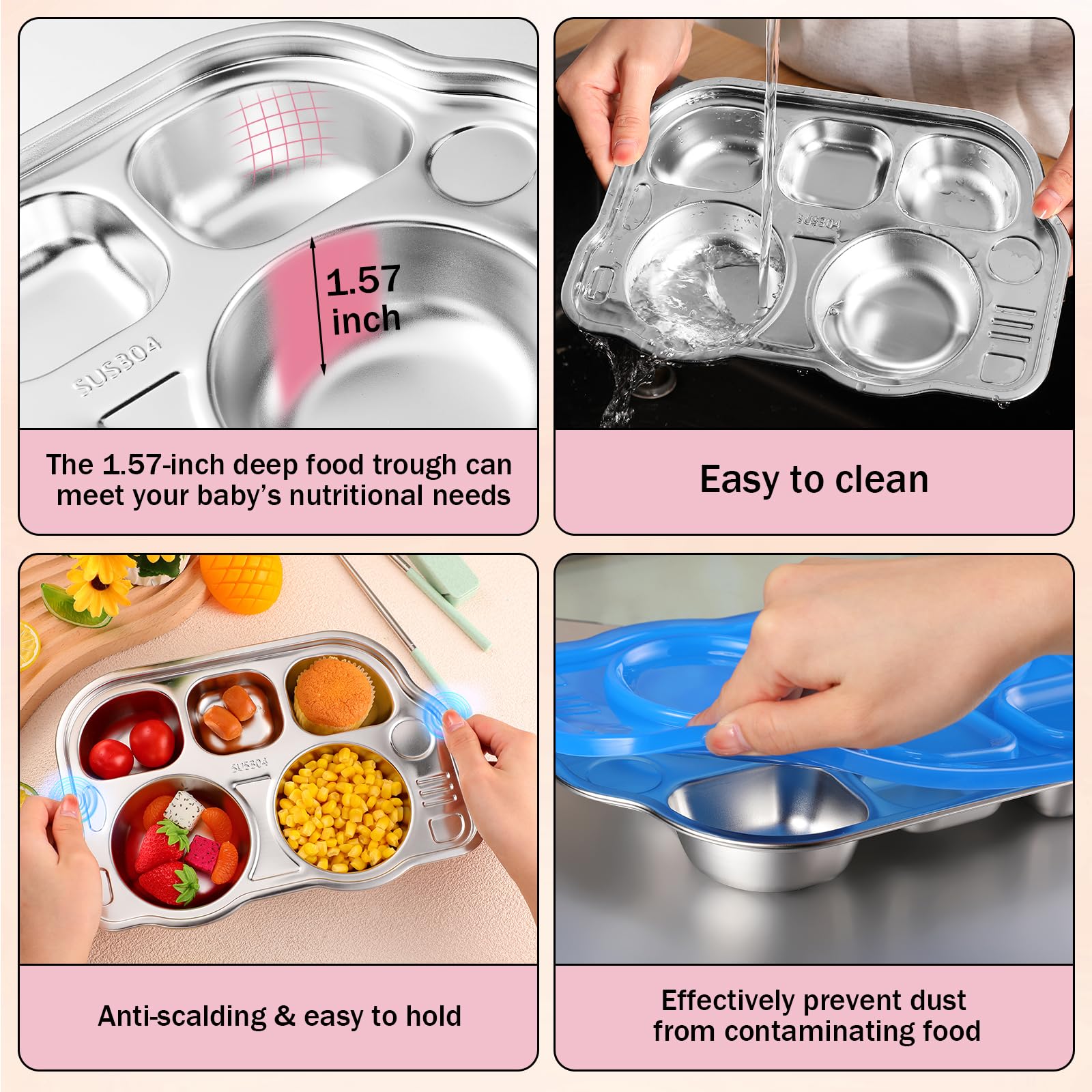 Layhit 4 Pcs Stainless Steel Divided Plate 5 Sections Divided Platter Kids Plates School Bus Shape Toddler Plates With Lids Dinn
