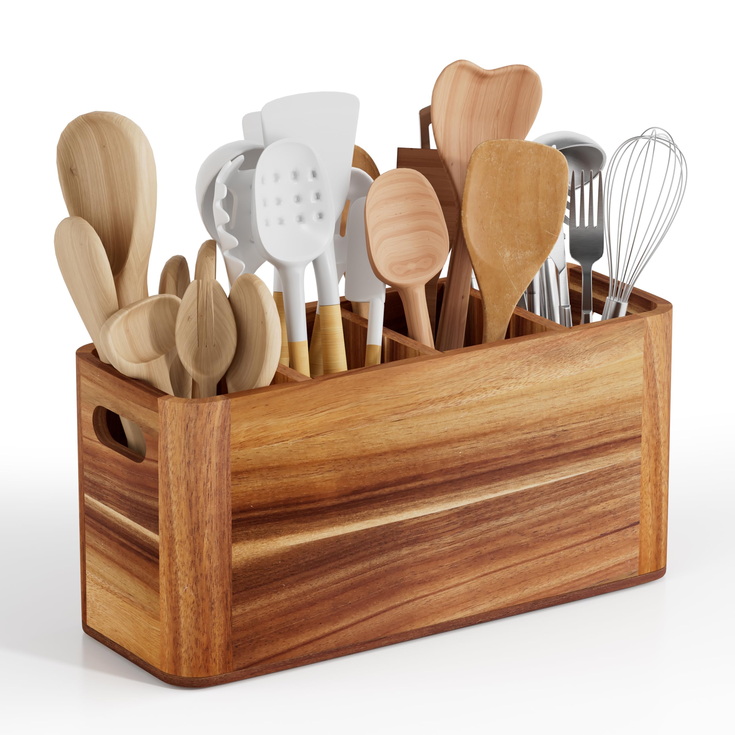 Segtenant Utensil Holder for Kitchen Counter, Extra Large Utensil Holder for Countertop with 4 Compartments Wooden Cooking Utens