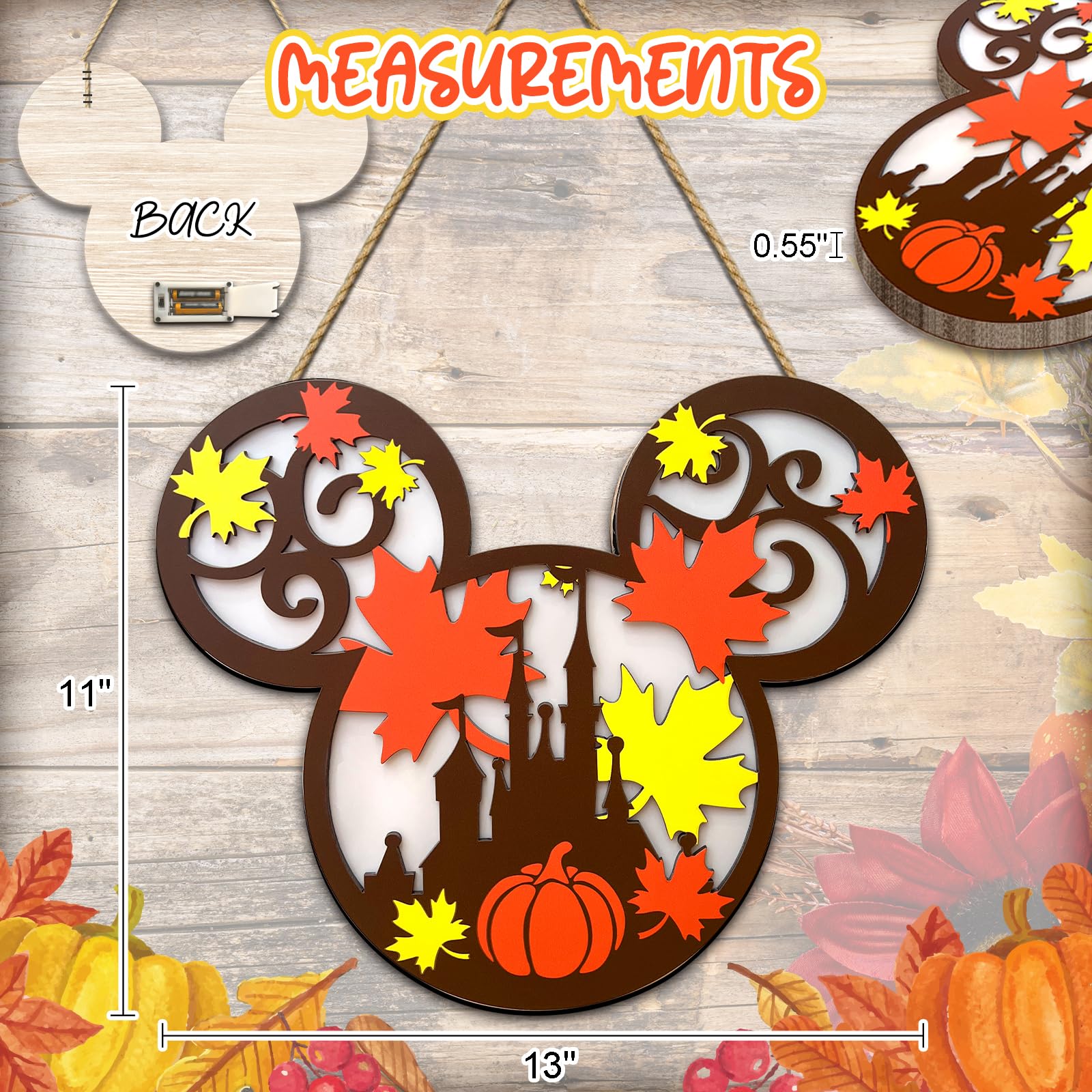 Fall Thanksgiving Wall Decor Lantern - Pumpkins Maple Leaf Door Hanging Sign Decor with Light, Autumn Farmhouse Wreath & Indoor
