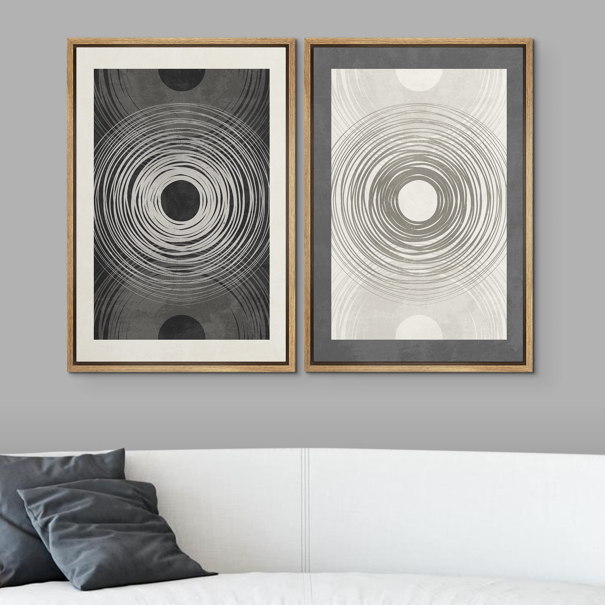 SIGNWIN Framed Canvas Print Wall Art Set Duotone Black White Geometric Ring Landscape Abstract Shapes Illustrations Minimal Decorative Bohemian for Living Room  Bedroom  Office - 16''x24''x2 Natural