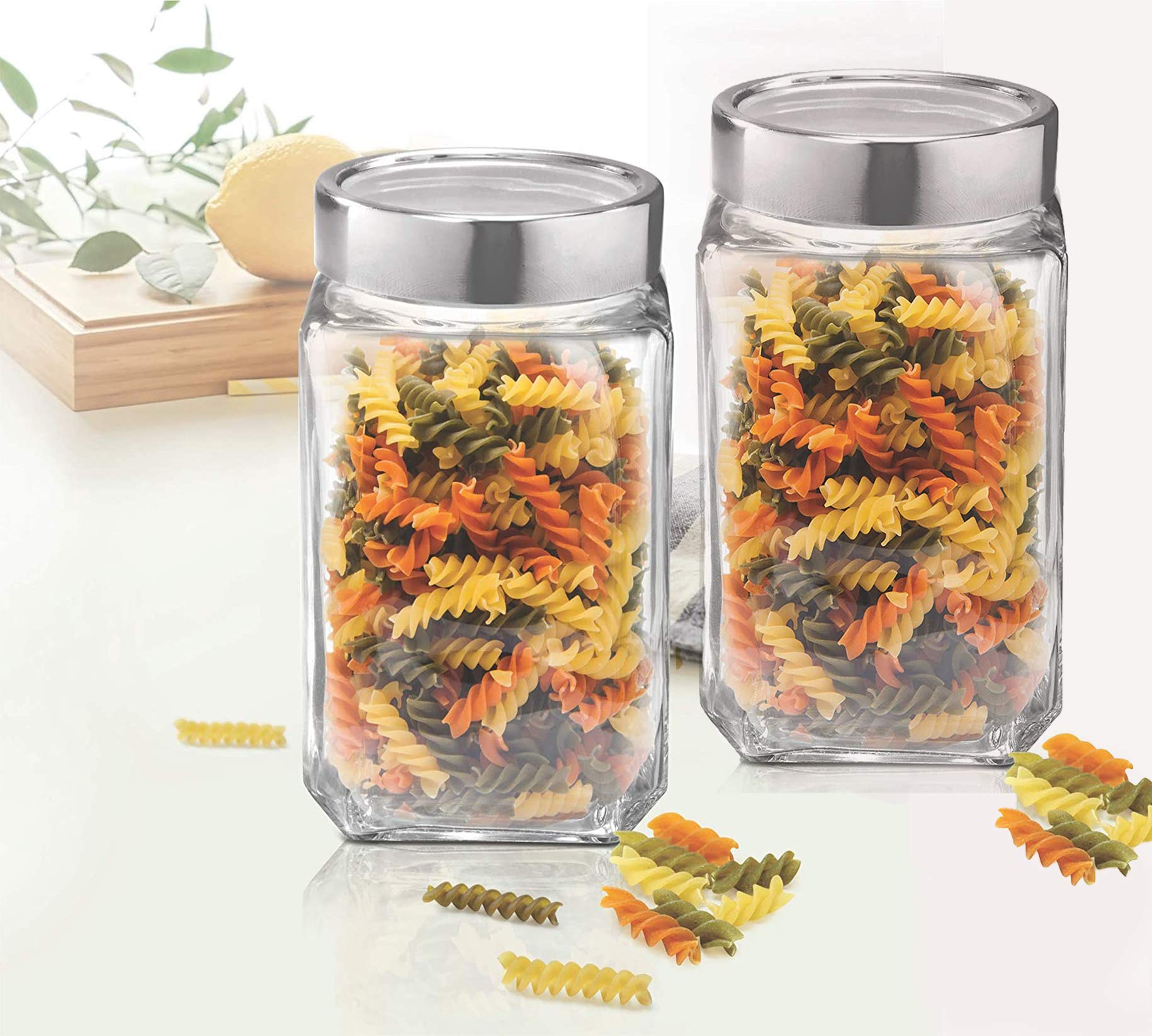 Brezzycloud 1000Ml Cube Jar, Transparent Kitchen Glass Bottle For Spices, Dryfruits And Food (Set Of 2)