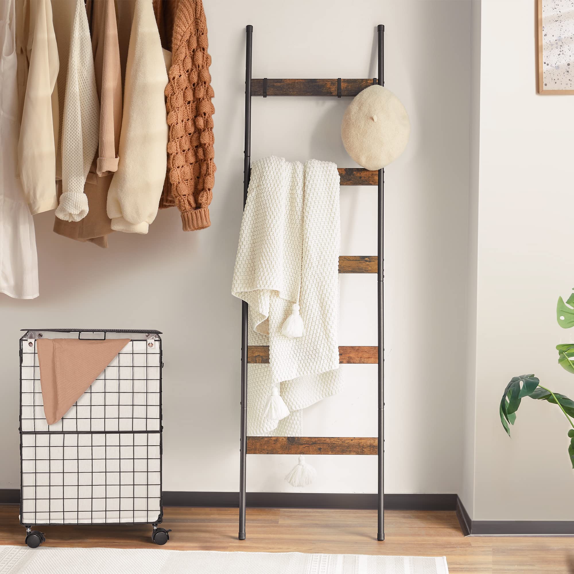 Elyken 2 Pack Blanket Ladder For Living Room, Farmhouse 5 -Tier Quilt Holder With 4 Removable Hooks For Bathroom, Wood Towel Rac