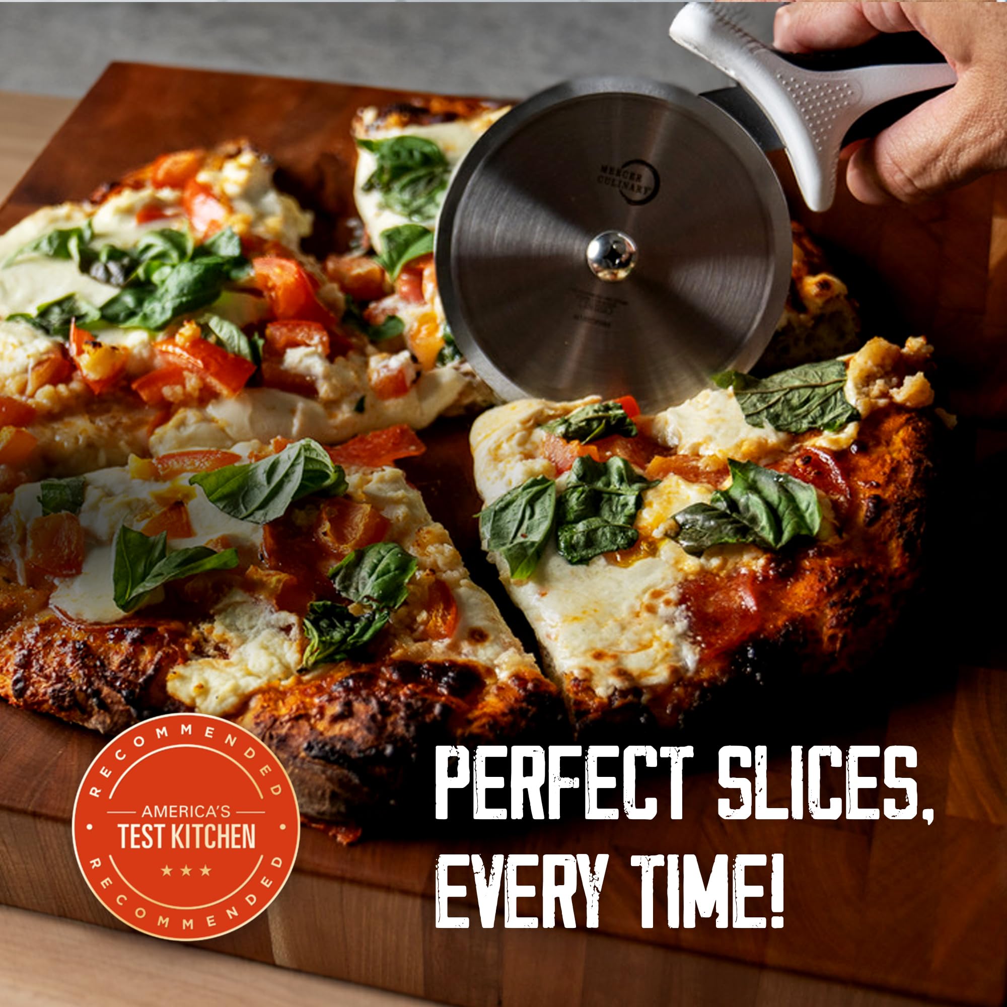 Mercer Culinary Millennia Pizza Cutter With Brown Handle, 4 Inch Wheel, Stainless Steel