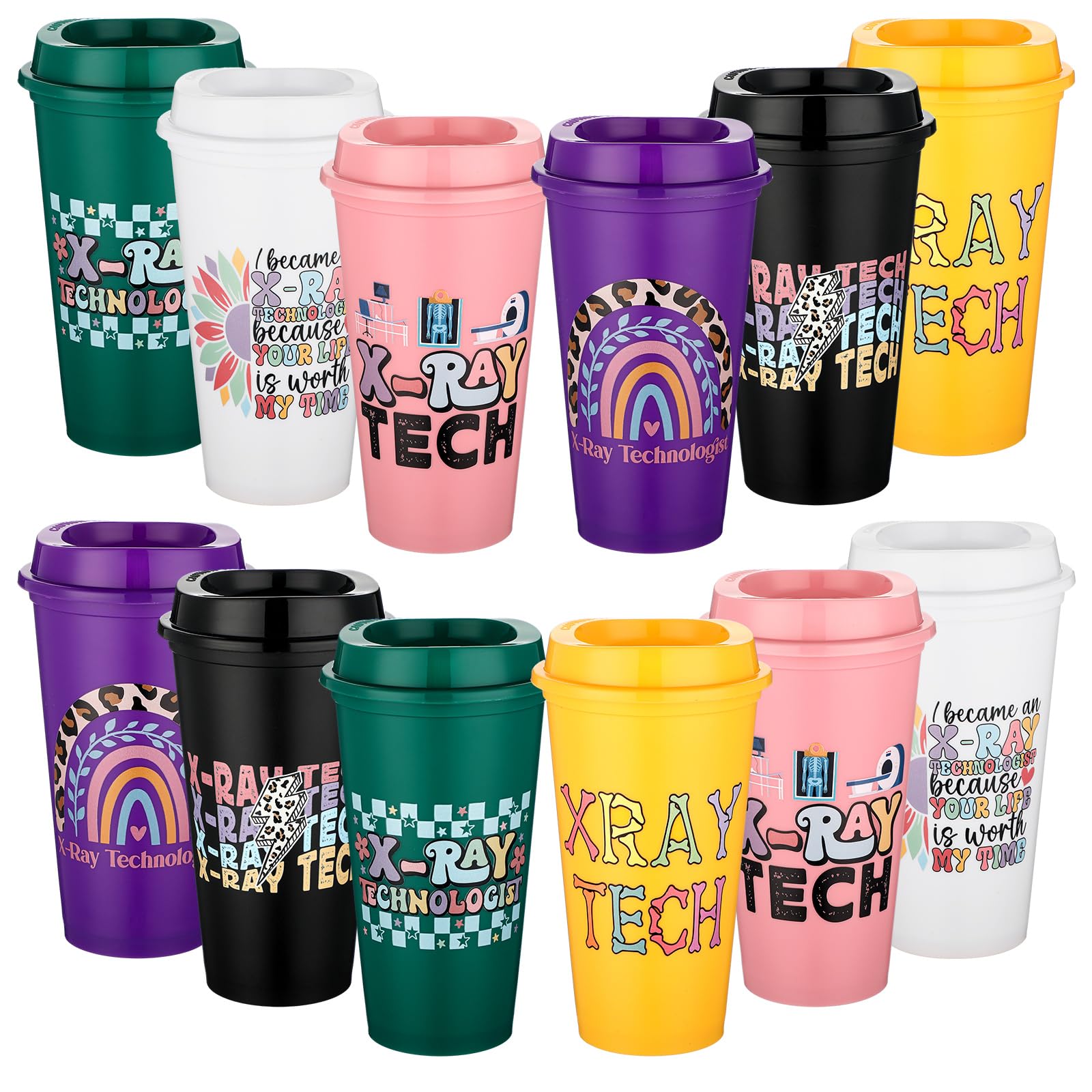 SiliFine 12 Pcs Christmas X-Ray Tech Gifts Bulk 16 oz Tumbler with Lids Radiographer Thank You Cups Reusable Travel Coffee Mugs 