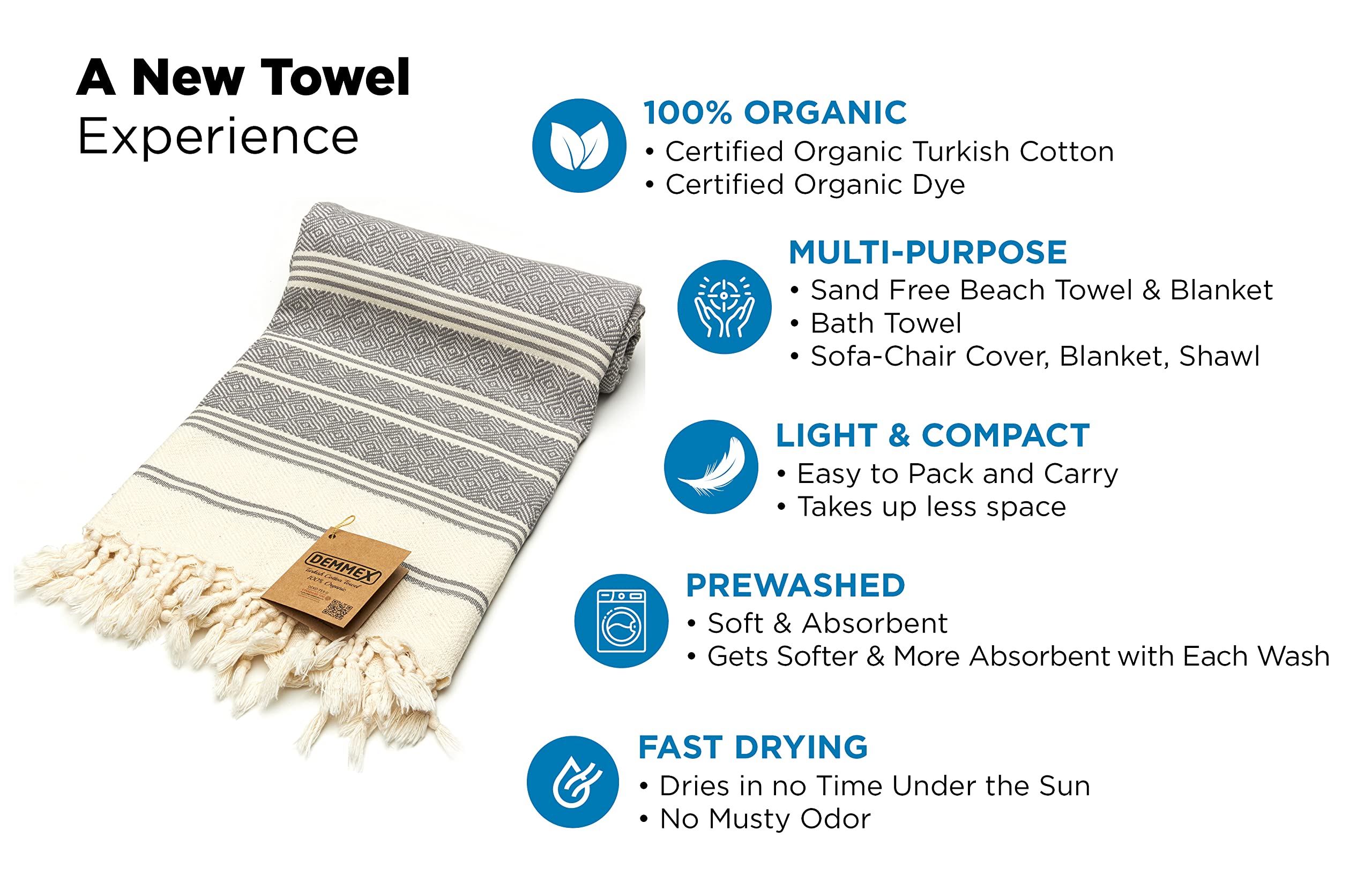 Demmex Certified Organic Turkish Cotton Beach And Bath Towel, Peshtemal Towel Blanket, Prewashed, Diamond Weave, 71X36 Inches (D