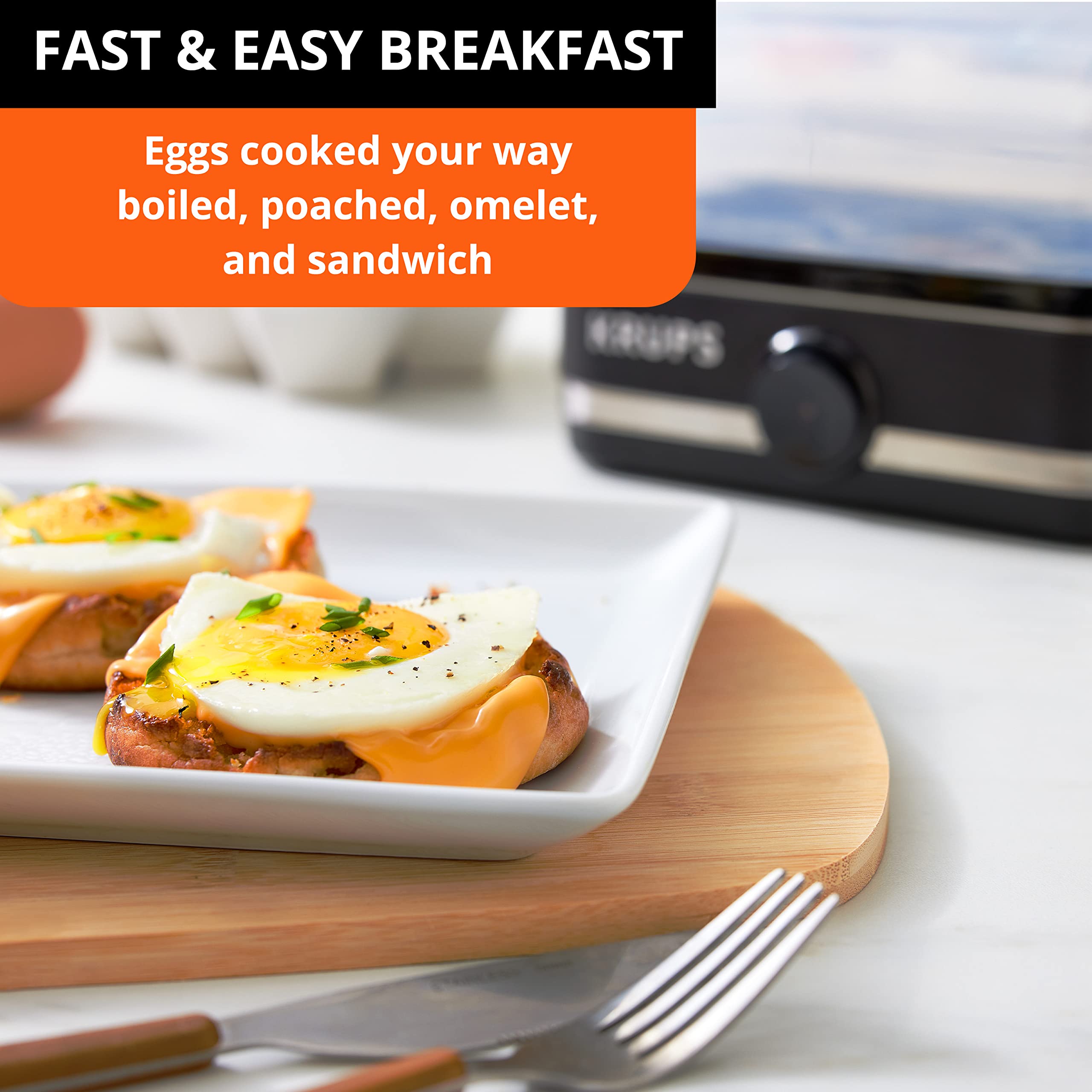KRUPS Simply Electric Egg Cooker, 6 Egg Capacity, Black, Poached/Soft/Hard, 400W, Model 10942227908