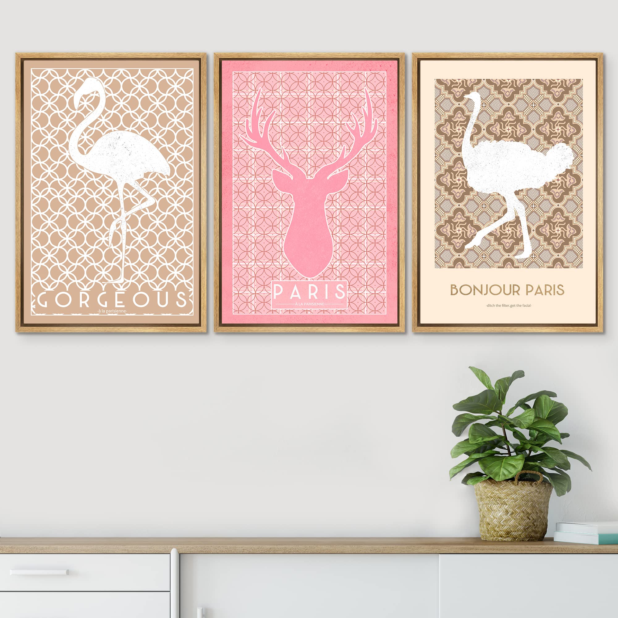 Signwin Framed Canvas Print Wall Art Set Paris Deer, Flamingo, Ostrich Pattern Nature Animals Illustrations Modern Art Rustic Gr