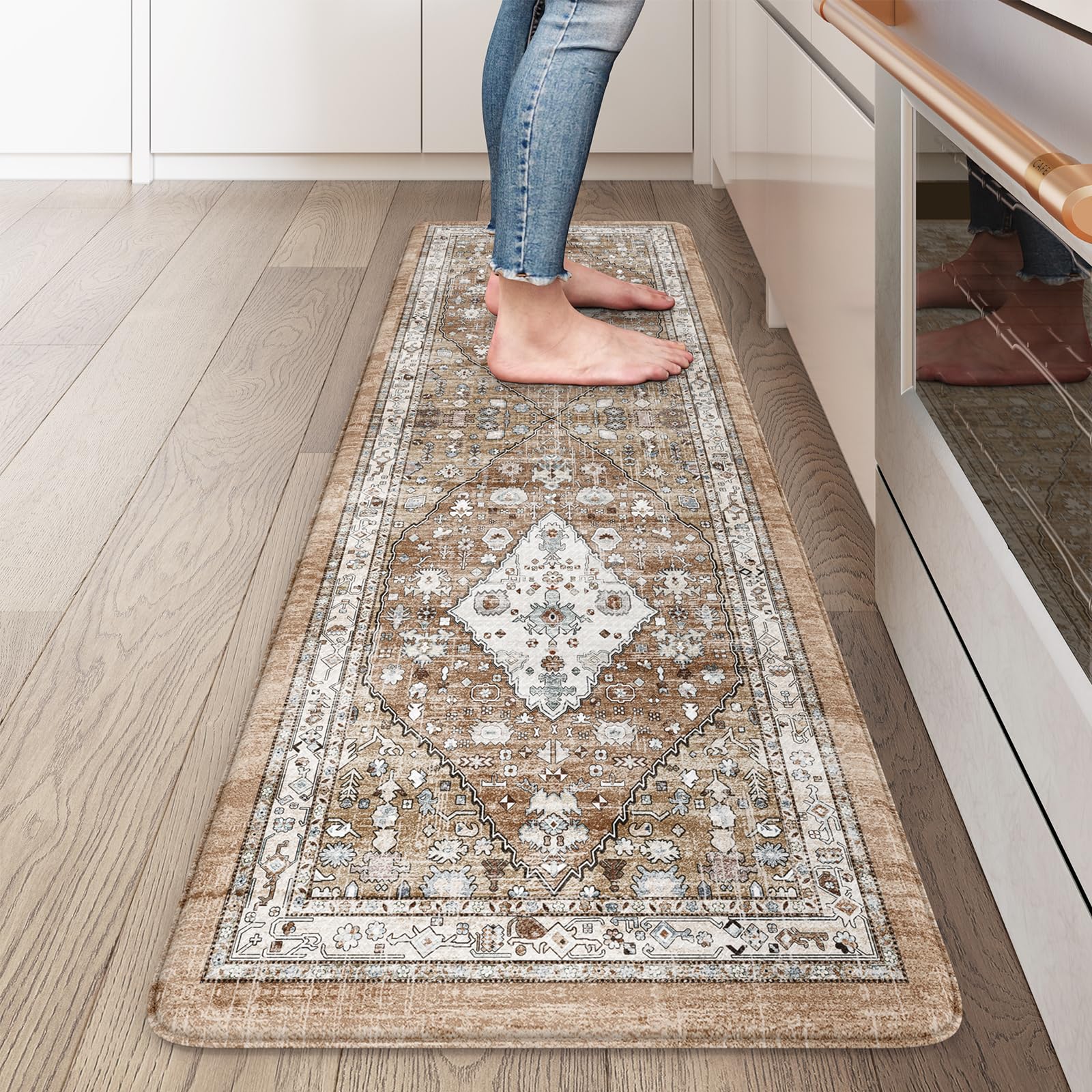 Collive Farmhouse Kitchen Mats, Cushioned Anti Fatigue Mats for Floor, Non Skid Waterproof Kitchen Rugs Cream/Brown Farmhouse St