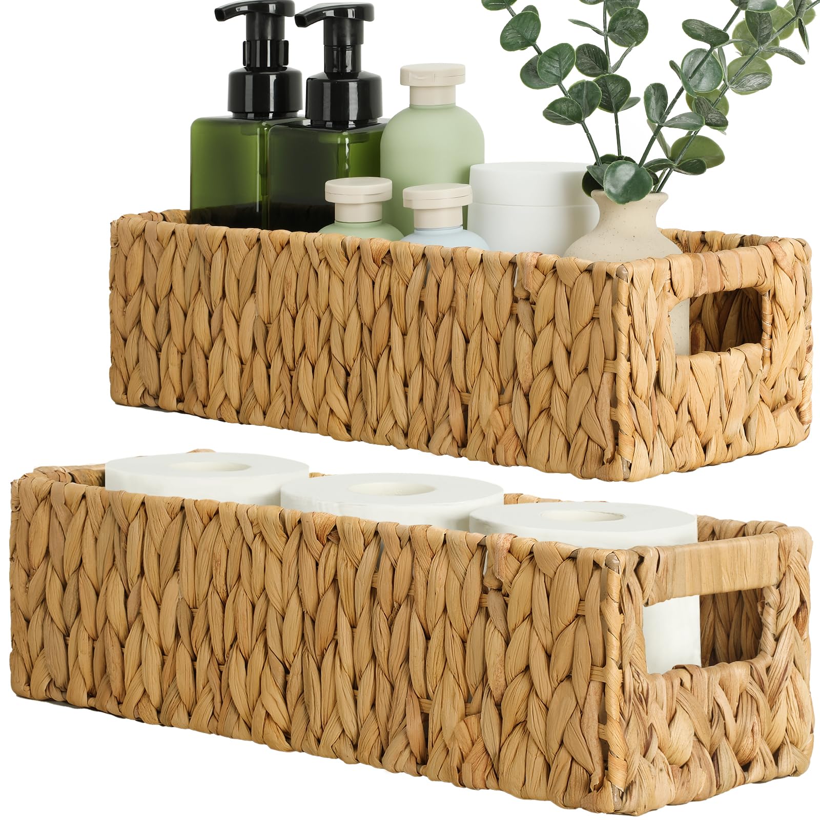 Graciadeco Nesting Small Wicker Basket, Water Hyacinth Toilet Paper Baskets Bathroom Organizer Woven Long Narrow Baskets For Org