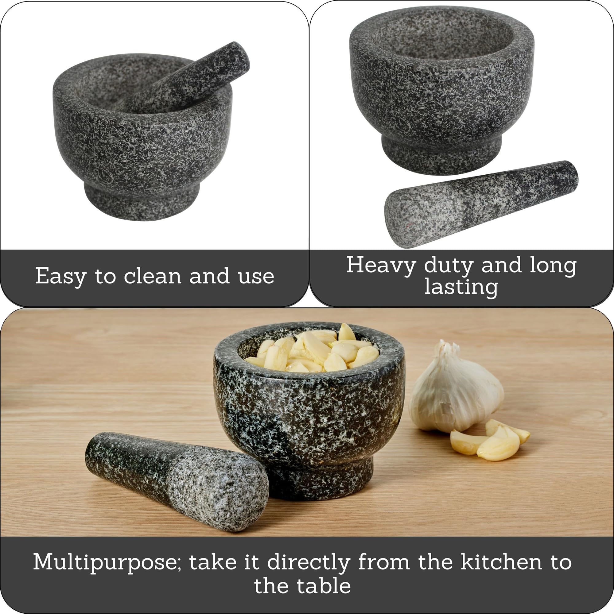 Imusa 6.5 Traditional Heavy Duty Polished Granite Molcajete For Fresh Guacamole, Salsa, Pesto, Herbs, Spices