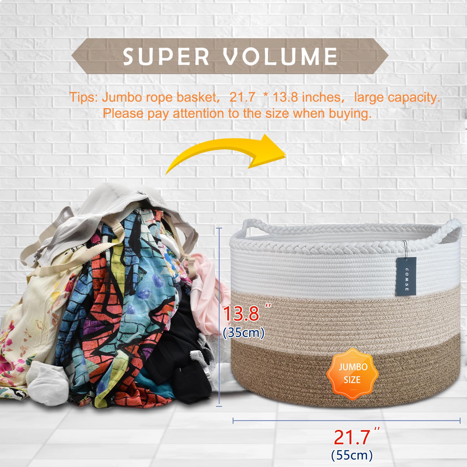 COMSE Extra Large Blanket Basket  Storage Basket  Laundry Basket  21.7?x 13.8?  Laundry Hamper  Cotton Rope Basket  Blanket Basket Living Room  Toy Basket (White & Gradient Brown)