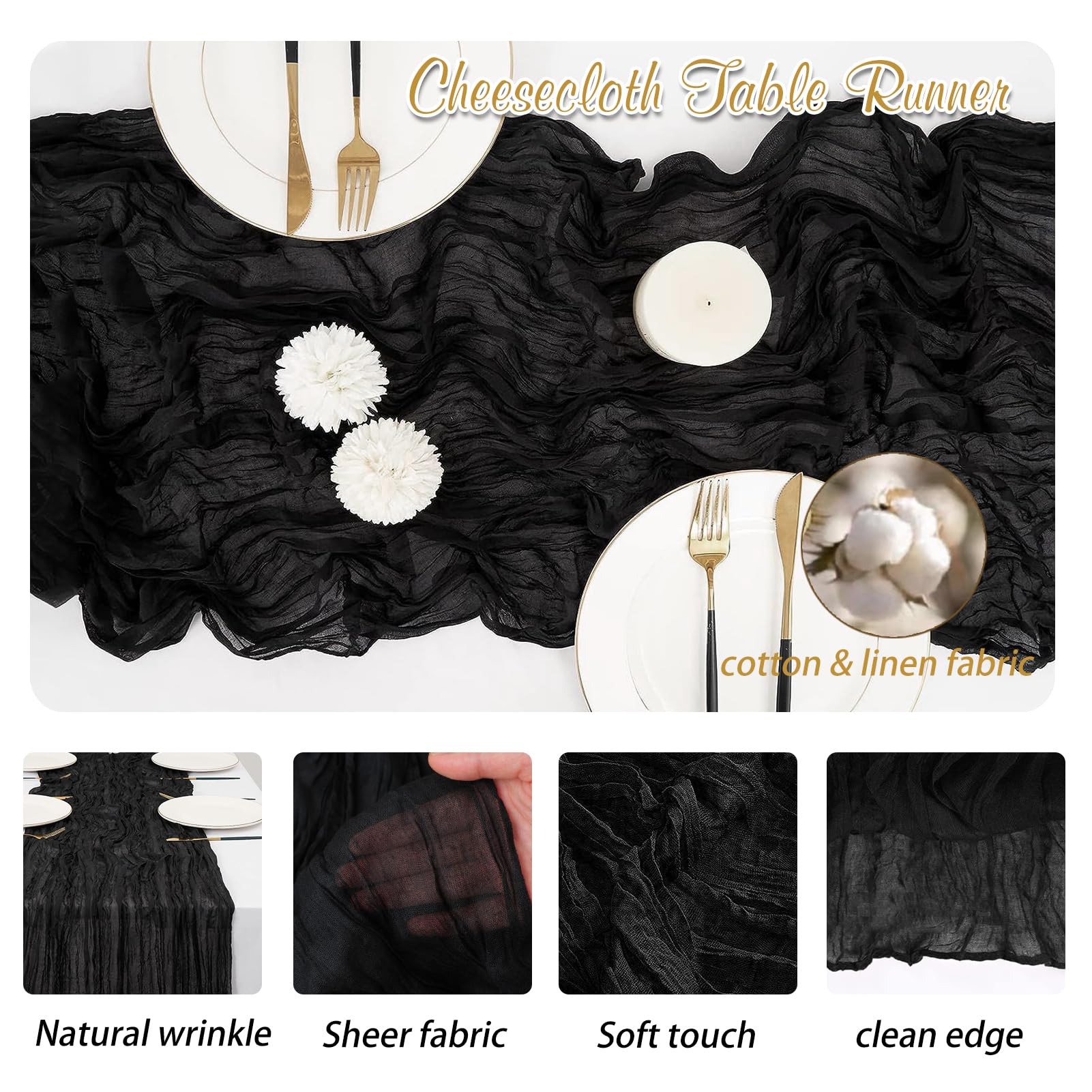 Waligoy Black Cheesecloth Table Runner 2 Pack 35'' Boho Gauze Table Runner 120 Inches Long Table Runner Rustic Sheer Fabric Bulk