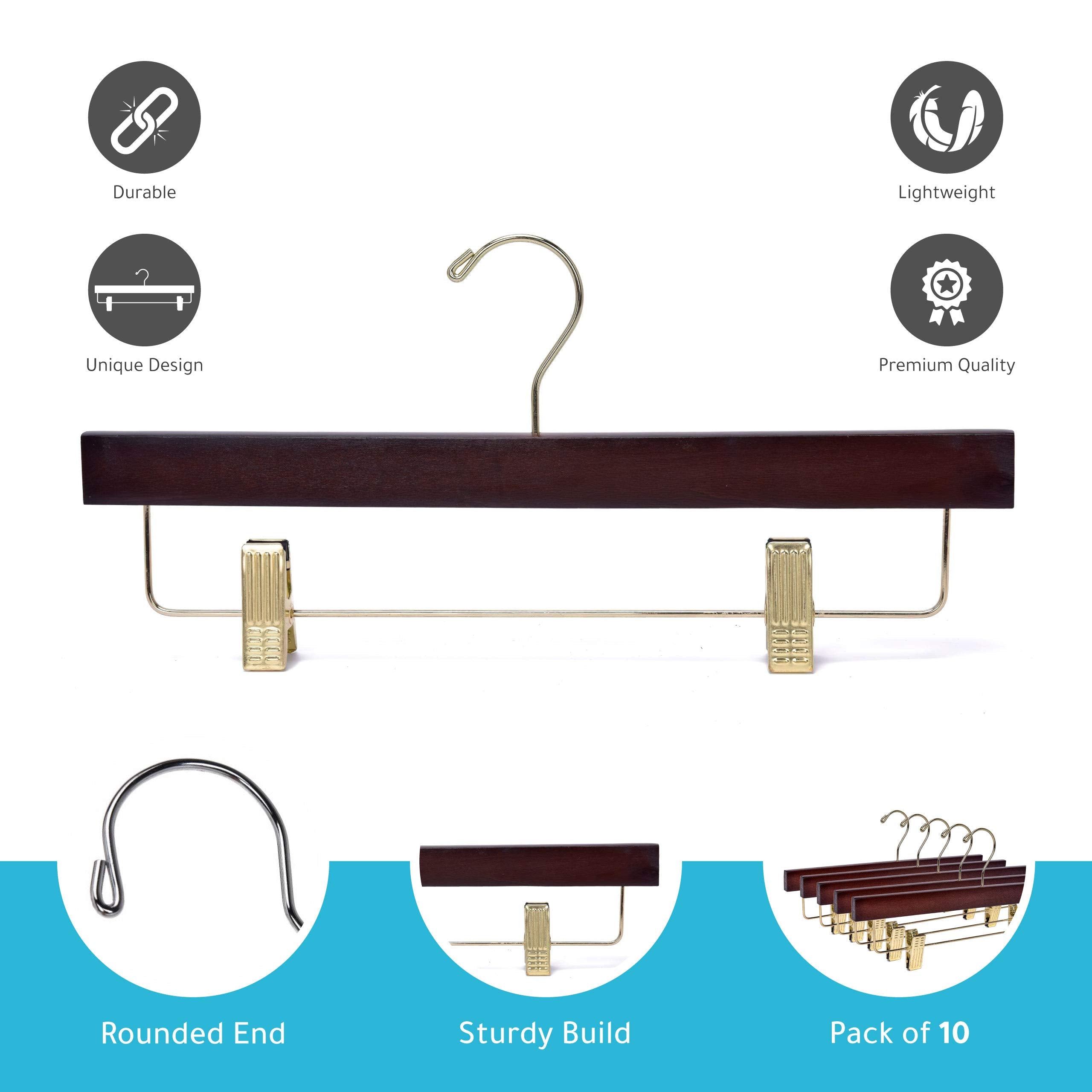 20 Quality Wooden Pants Hangers Skirt Hanger Jeans Hanger Bottom Hanger, Swivel Hook, Adjustable Clips (Walnut - Gold Hook, 20)