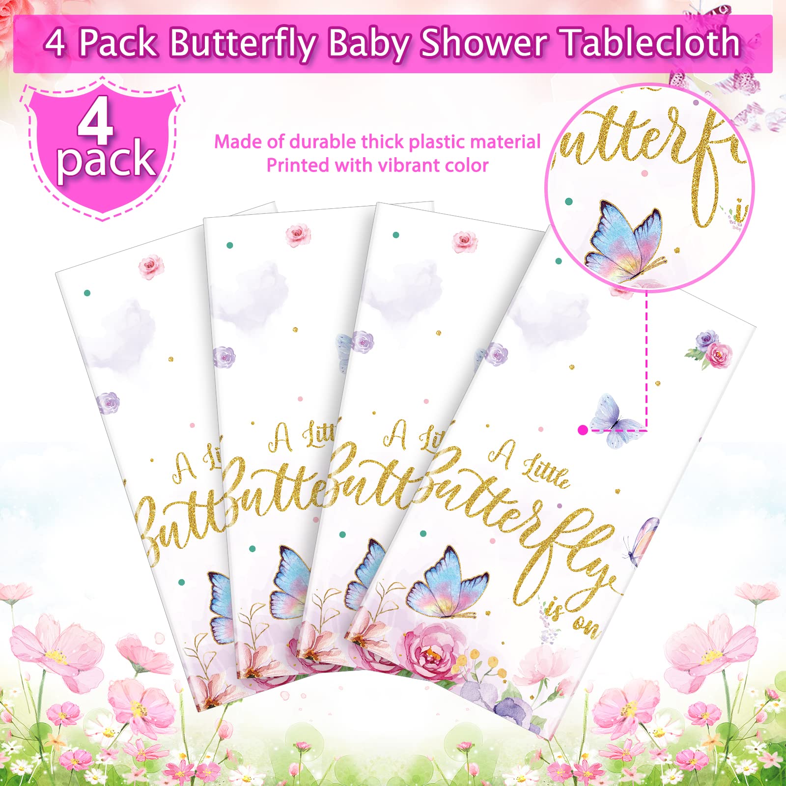 4 Pack Butterfly Baby Shower Tablecloth, Little Butterfly Is On The Way Baby Shower Decorations, Plastic Disposable Rectangle Wa