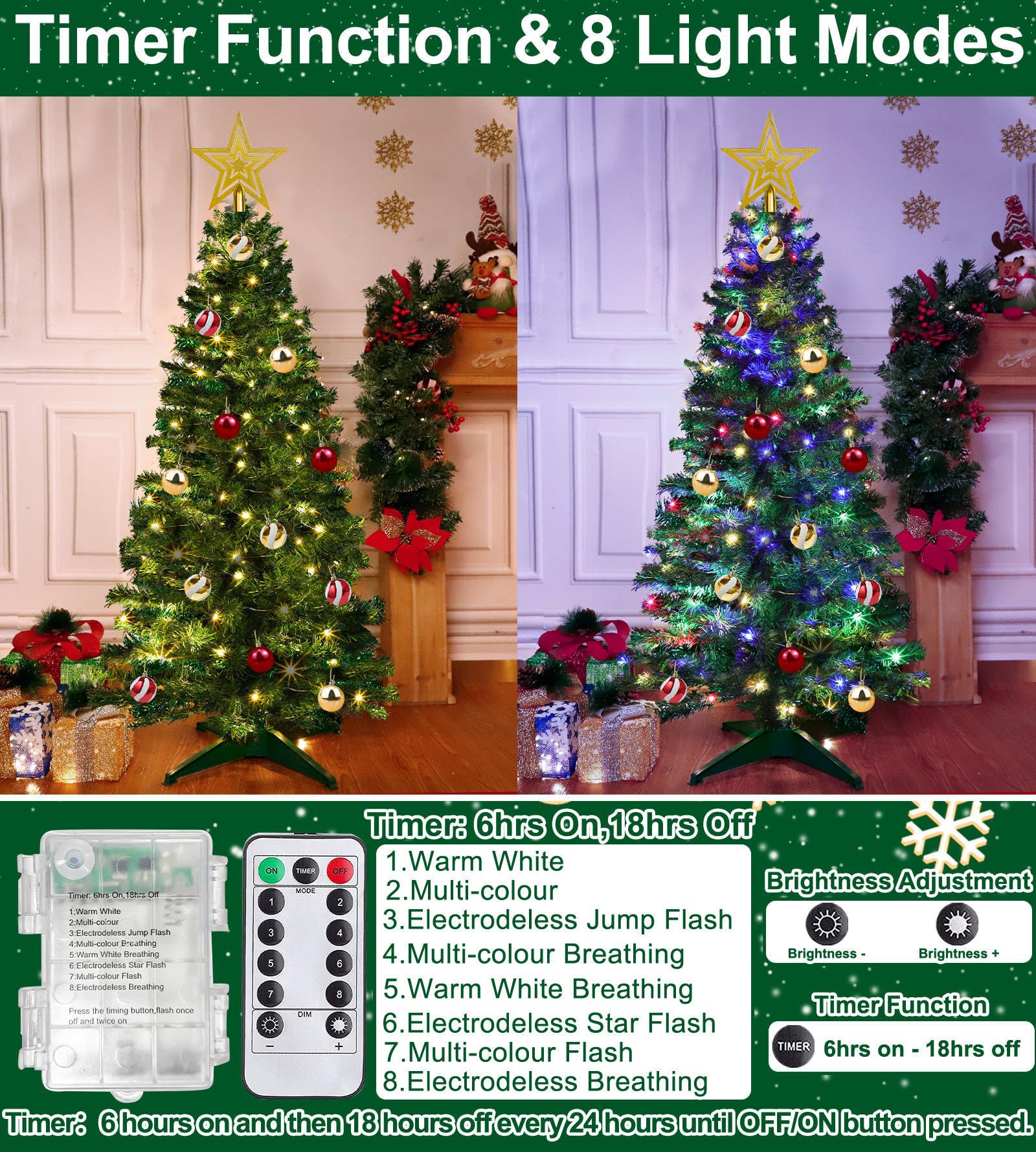 Remote 8 Mode & Timer 4 Ft Mini Christmas Tree with 100 Warm White & Multi Color Change Lights 18 DIY Balls Ornaments 3D Star Ba