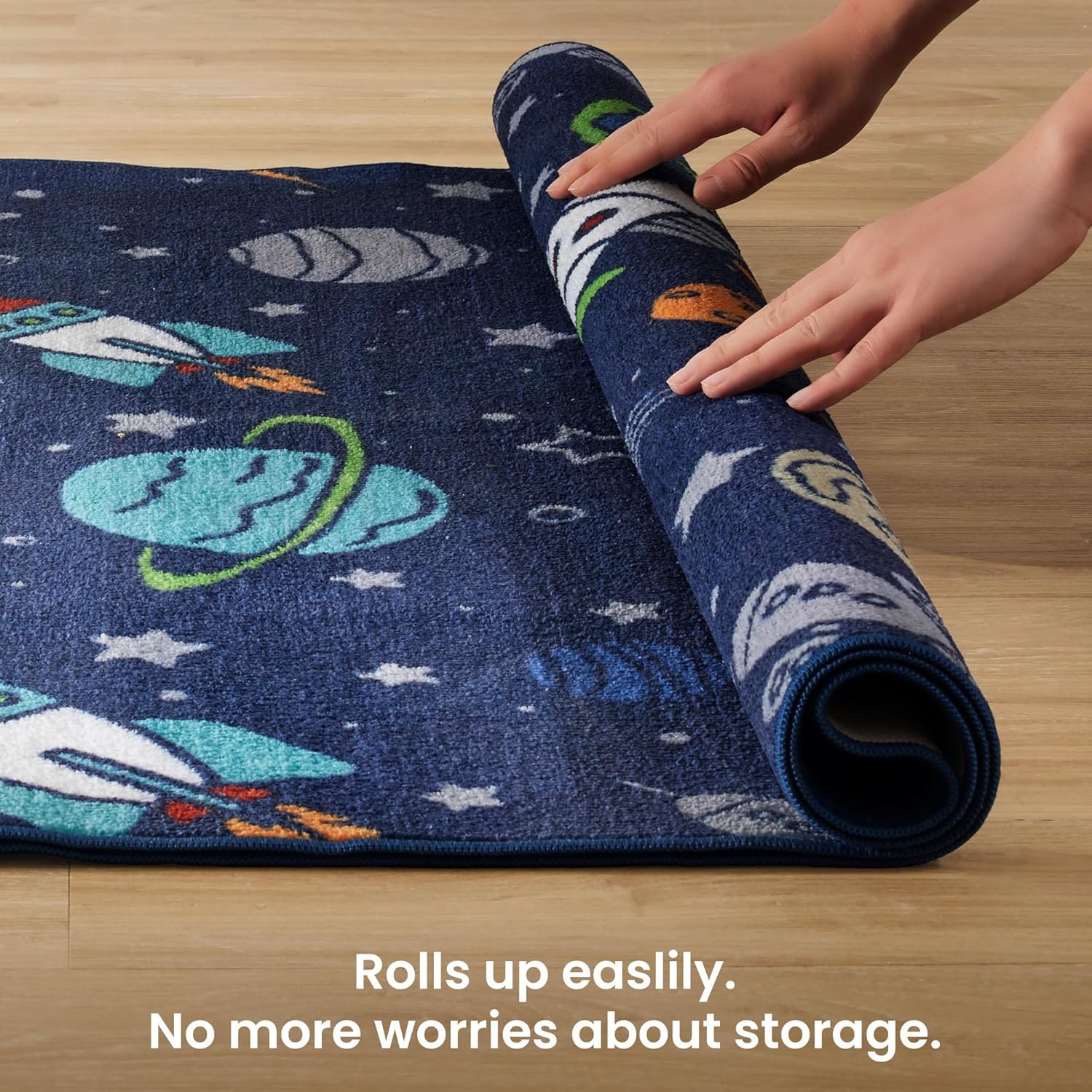 Machine Washable Non Slip Kids Rugs for Living Room & Bedroom - Rocket Galaxy