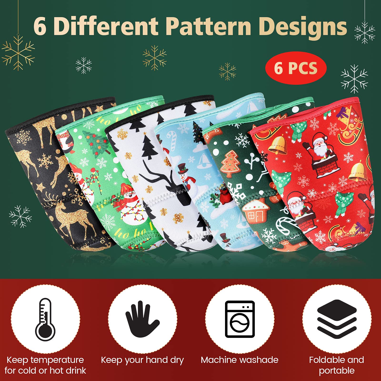 6 Pieces Christmas Coffee Sleeve Gingerbread Man Santa Coffee Cup Sleeves Neoprene Iced Coffee Sleeve Xmas Insulator Sleeve Cup