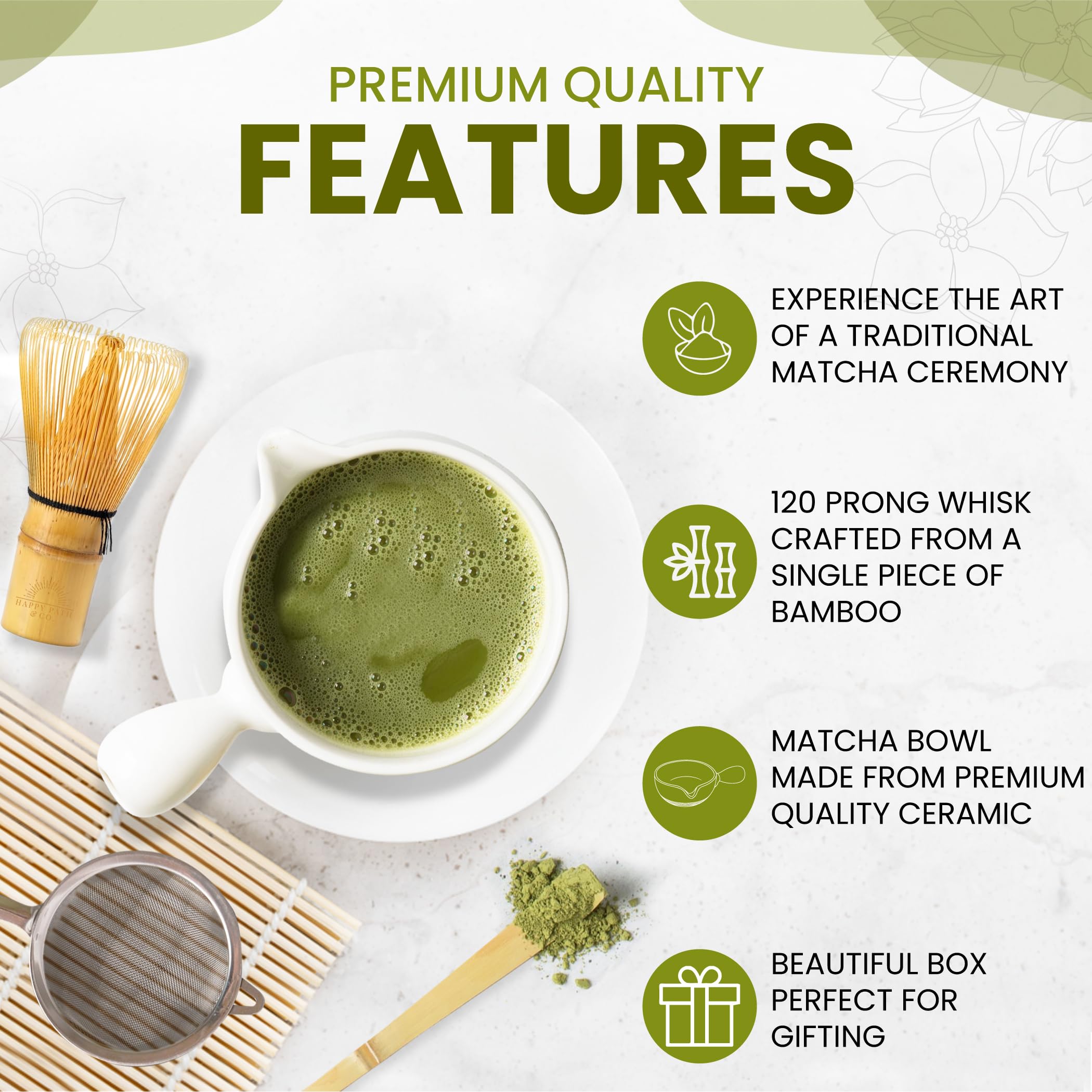 Happy Path & Co - 6 Pcs Matcha Whisk Set Includes Matcha Whisk(Chasen), & Bowl With Spout Handle, 120 Prong Bamboo Whisk, Matcha