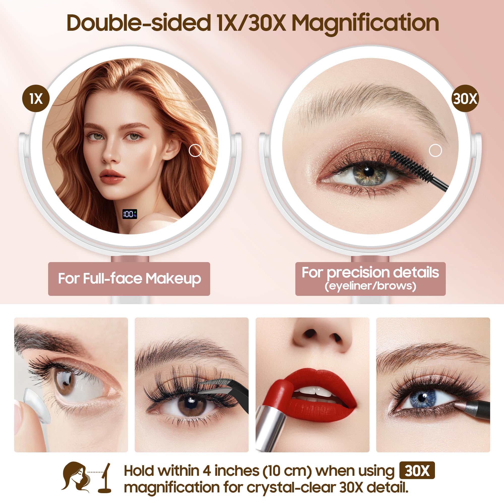 GOMIPURU Makeup Magnifying Mirror with Light 30X/1X, Digital Display, 2-Sided Touch Control, Makeup Mirror with 3 Color Lights,3