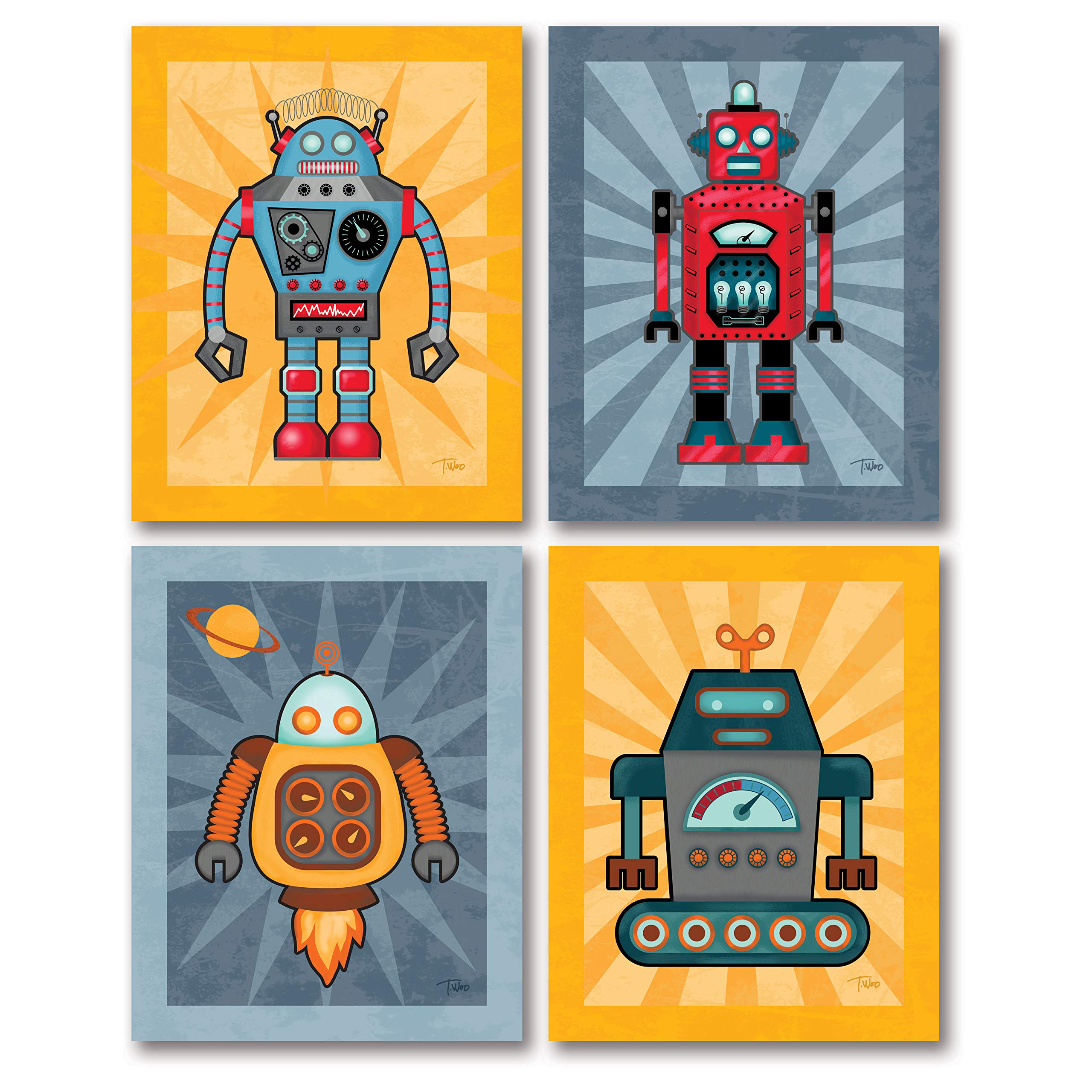 Adorable Robot Poster Set; Kids Room Decor; Four 8X10In Mounted Prints