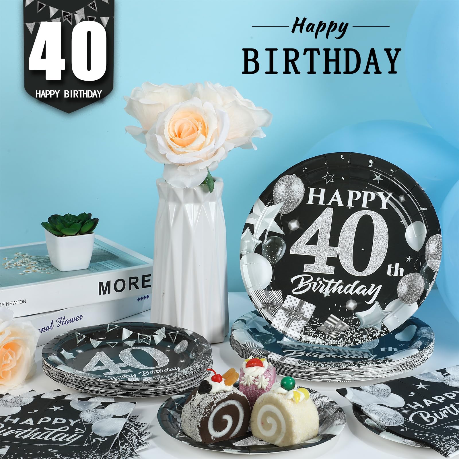 Obusatt 96Pcs 40Th Birthday Plates And Napkins Party Supplies Black And White Silver 40Th Happy Birthday Party Decorations 40Th