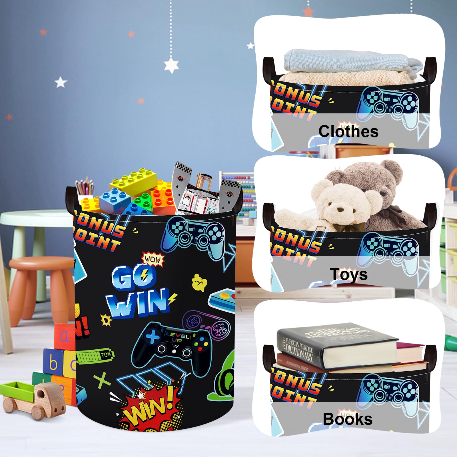 Clastyle Cool Game Storage Basket Kid Game Controller Clothes Laundry Hamper Collapsible Boy Toy Box For Nursery Palyroom,Black,