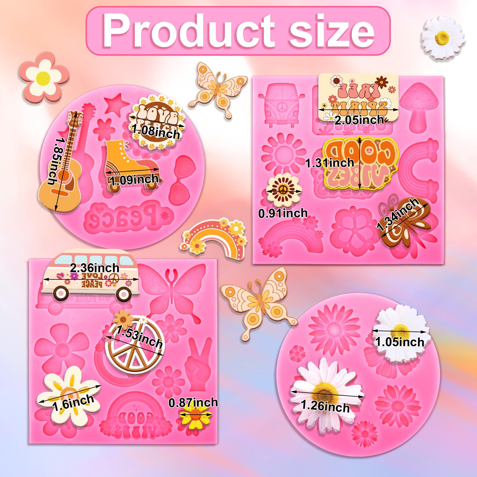 Bokon 4 Pcs Groovy Silicone Molds Fondant Molds Peace Sign Silicone Mold Hippie Rainbow Flower Chocolate Mold For Groovy Hippie