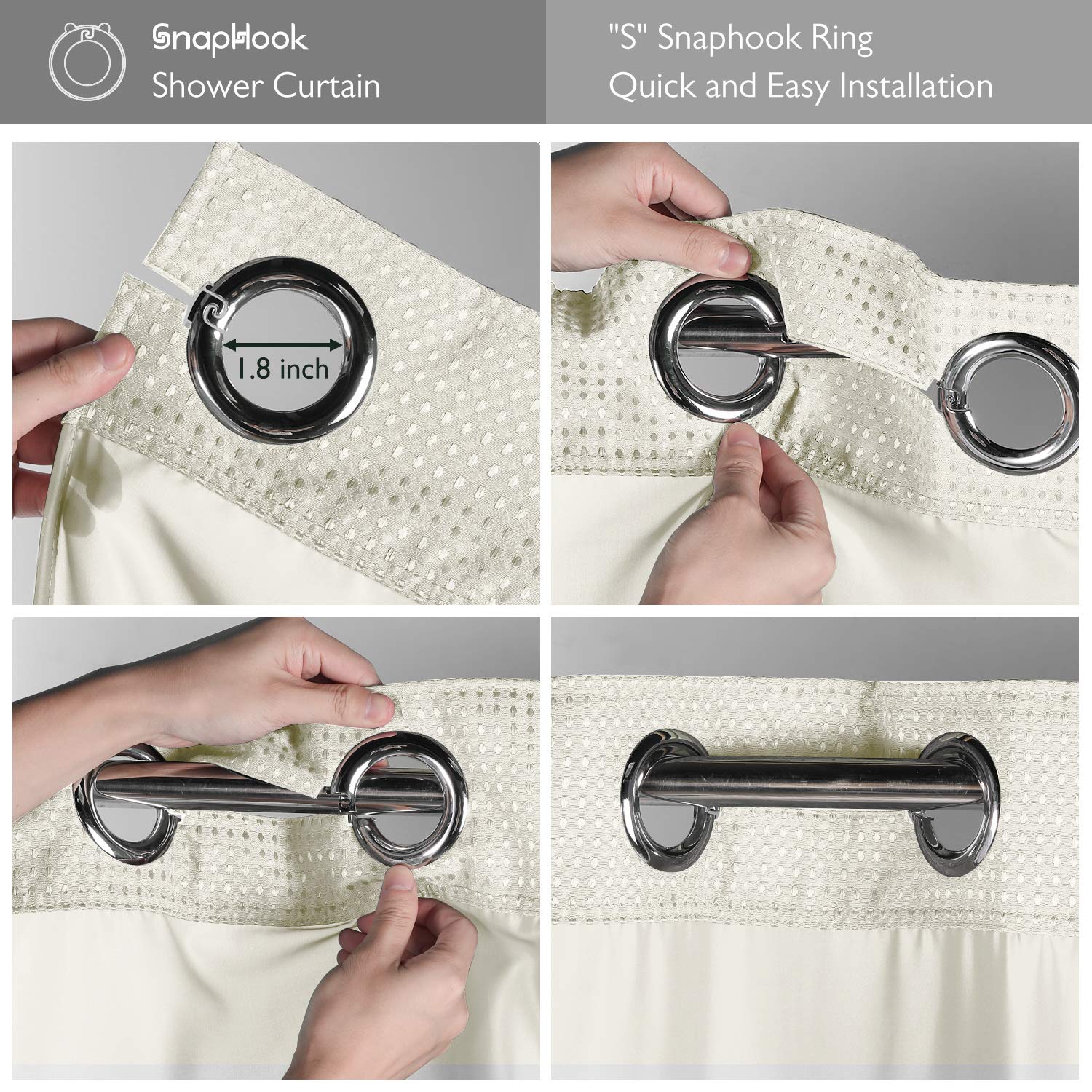 Lagute Snaphook Truecolor Hook Free Shower Curtain | Removable Liner | See Through Top | Machine Washable | Cream