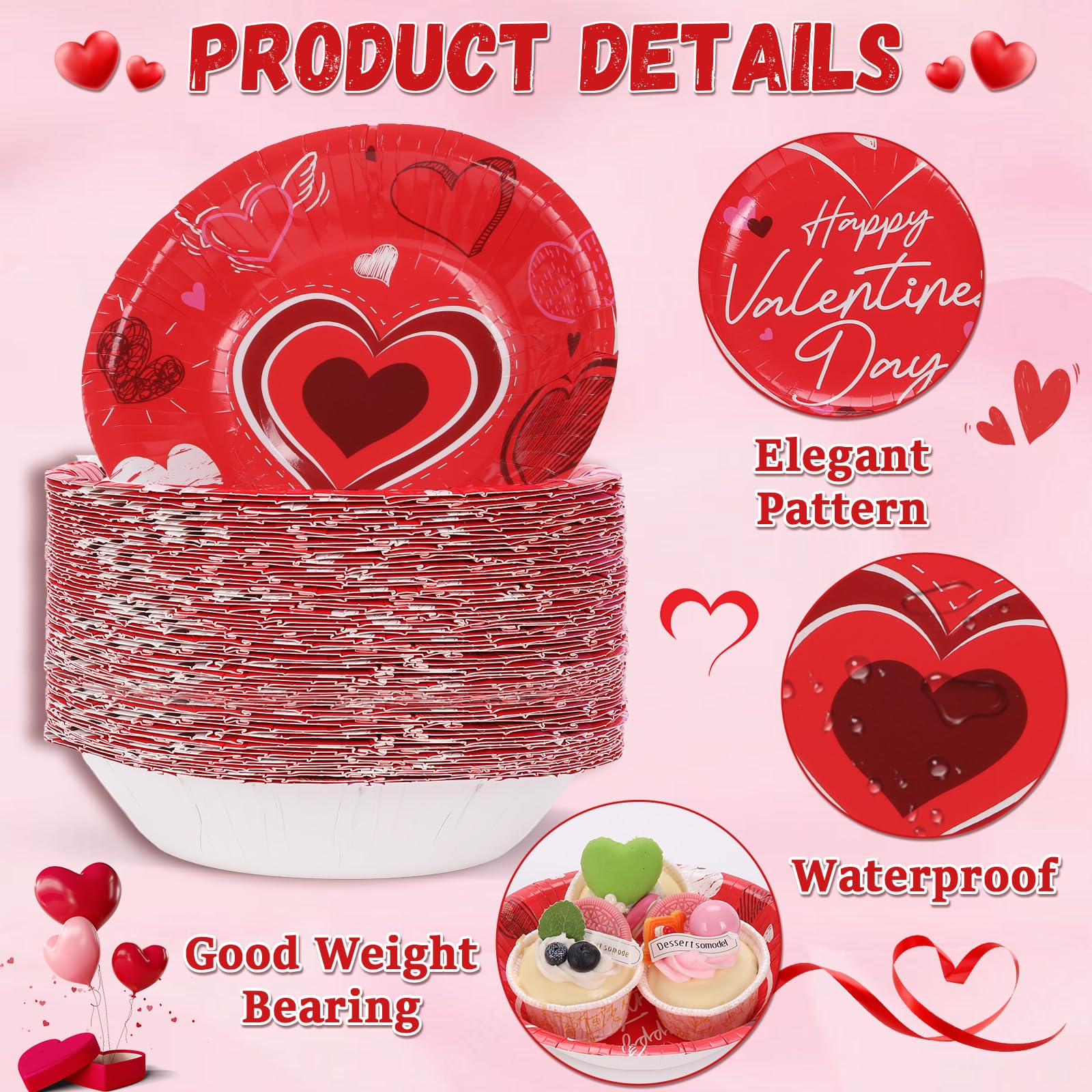 gisgfim Disposable Red Heart Dessert Bowls - 16 oz Paper Snack Bowls for Valentine's Day Party Supplies, Model MM2164