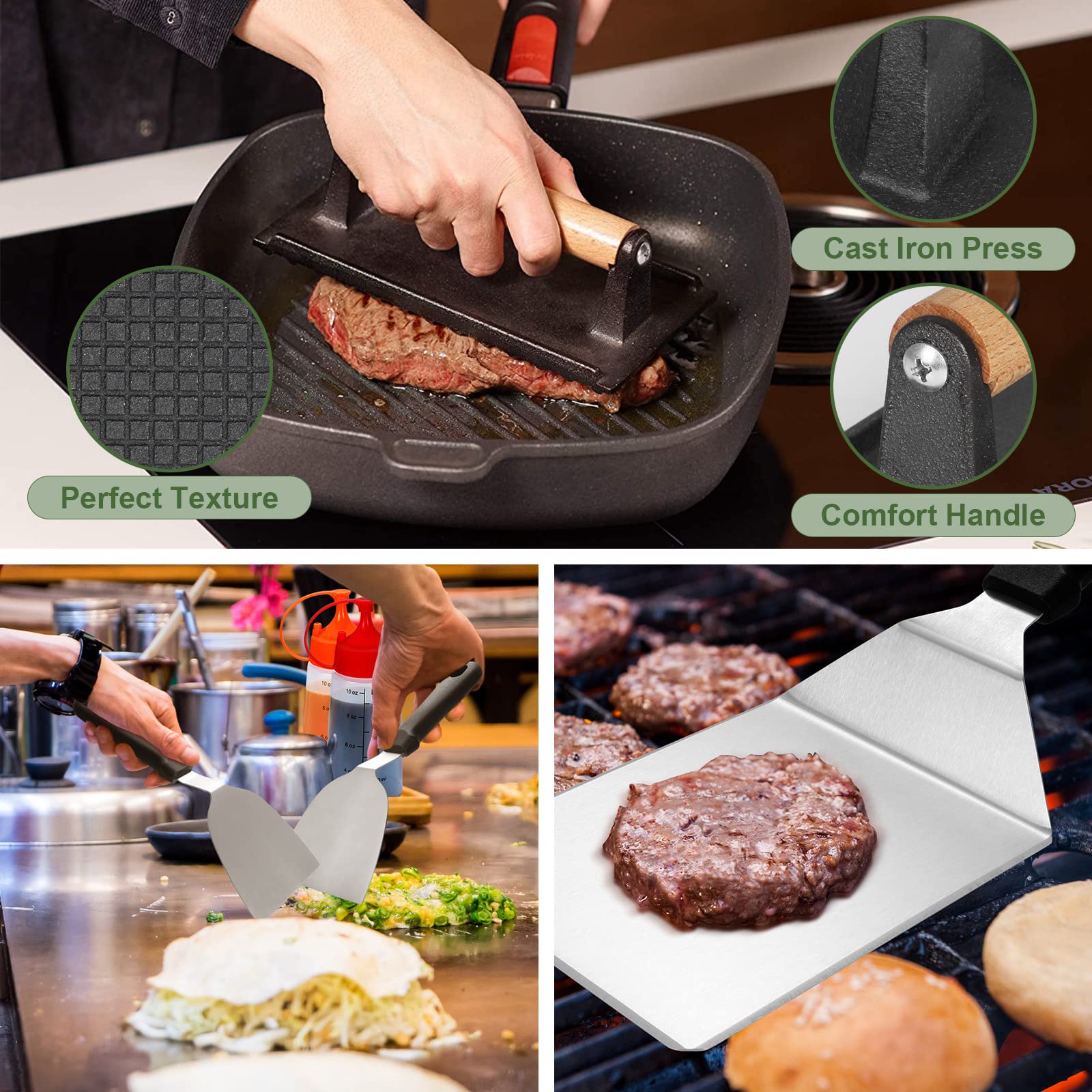18PCS Griddle Accessories Kit  Flat Top Grill Accessories Set for Blackstone and Camp Chef  Grill Spatula Set with Enlarged Spatulas  Basting Cover  Scraper for Outdoor BBQ