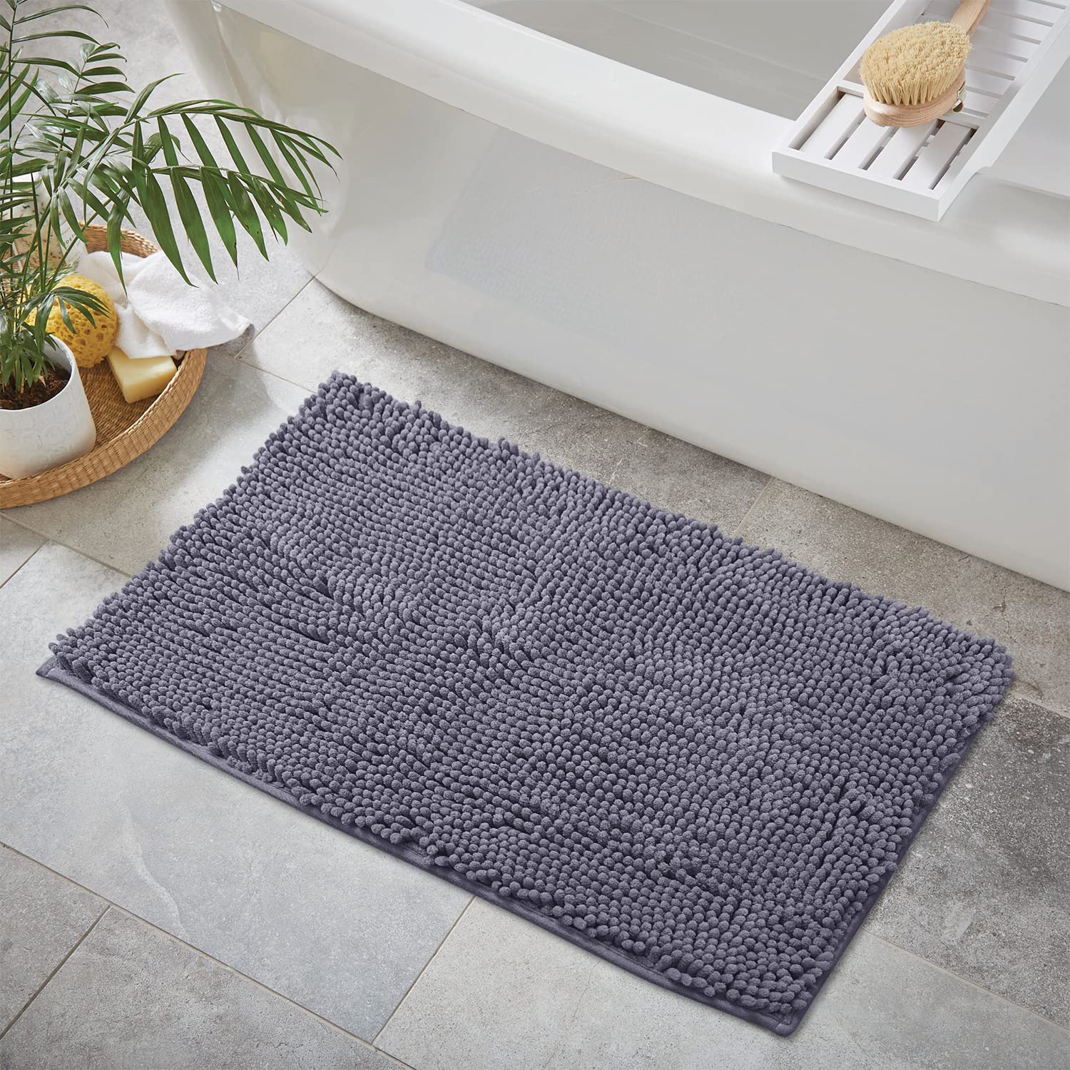 Luxurux Chenille Bath Rugs Mat Non-Slip Bathroom Rug Shag Shower Mat Machine-Washable Bath Mats With Water Absorbent Soft Microf
