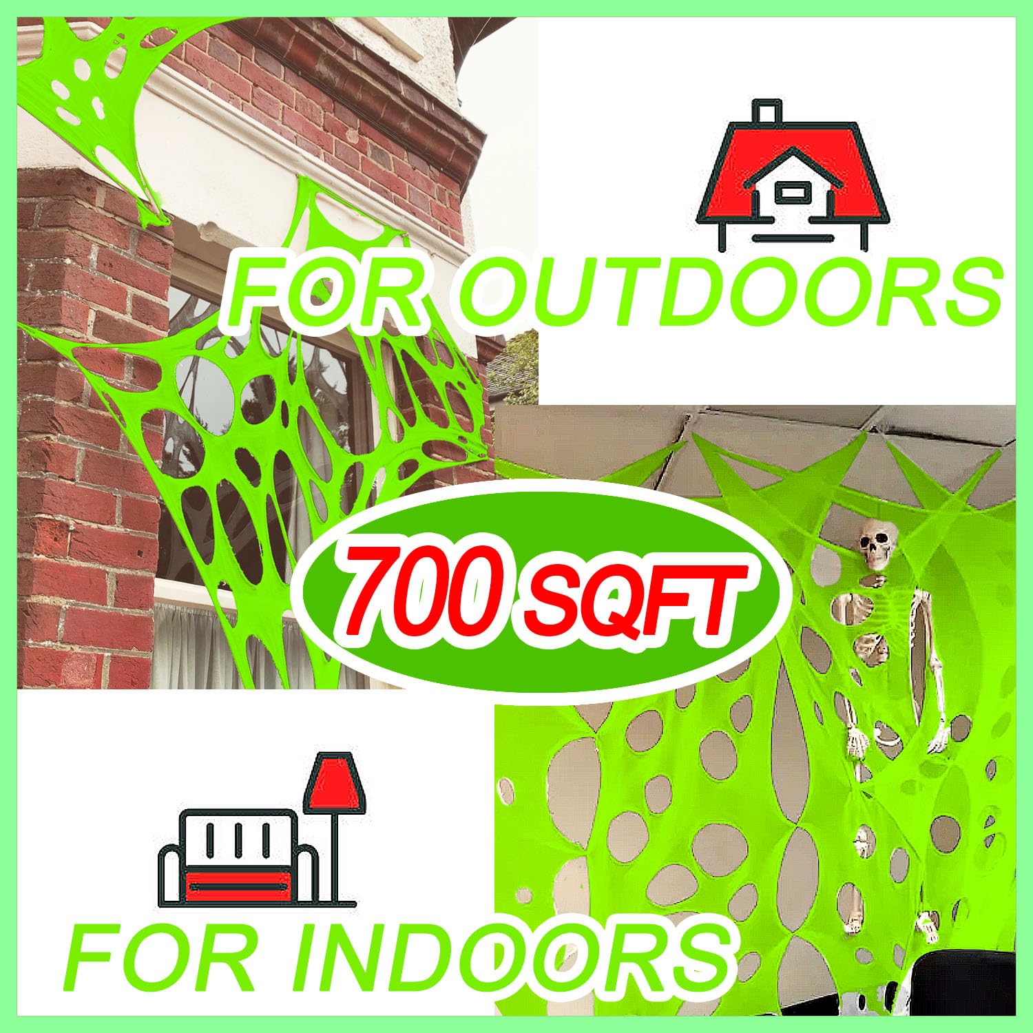 YHFUISK 1400 Sqft Giant Green Durable Halloween Decorations Outdoor Beef Netting for Glow in The Dark Spider Web, Green Giant Sp