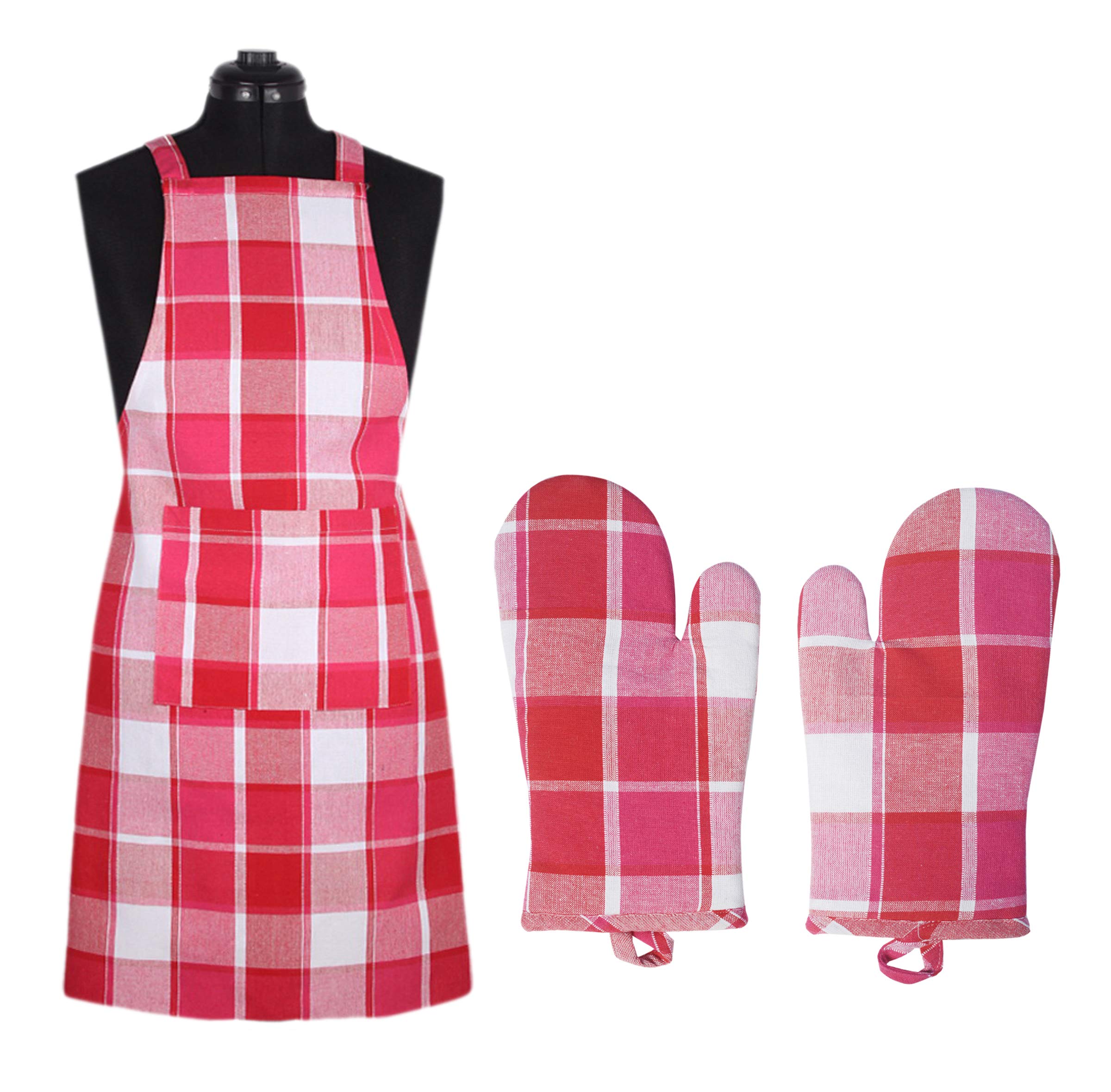 New Ladies Zone Cotton Apron Apron With Adjustable Buckle And Oven Glove Set Of 3 Pc, Apron 60X85 Cm, Oven Glove 18 And 32 Cm
