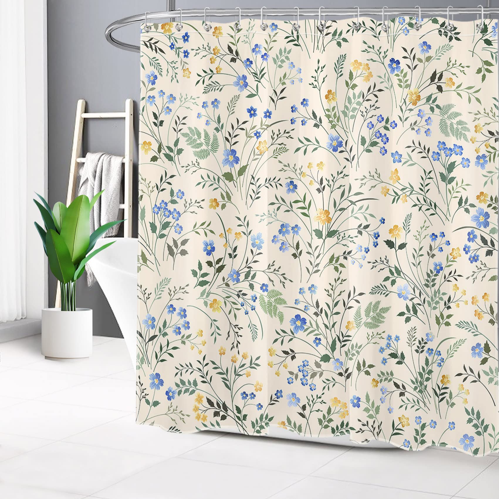 Lb Country Wildflower Shower Curtain Decor,Blue And Yellow Floral Green Leaf Plant On Beige Shower Curtain For Bathroom 72X72 In