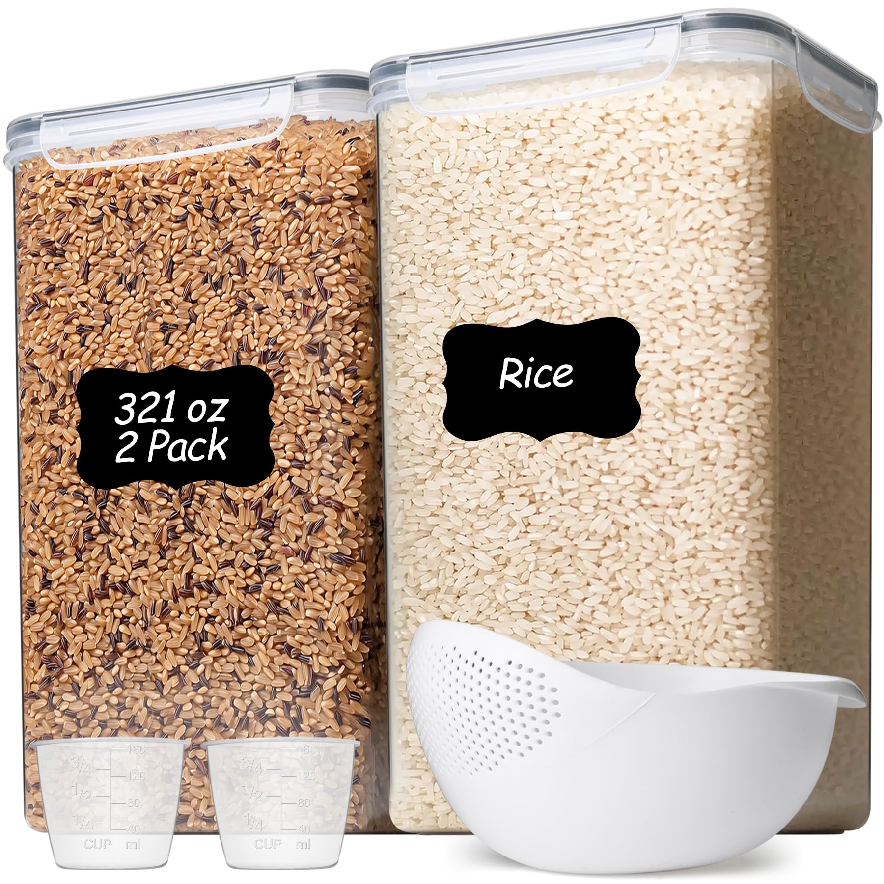 ComSaf Rice Container Set of 2(9.5L/10Qt), Large Airtight Food Storage Containers with Lid and Rice Washer, Plastic Canisters Se