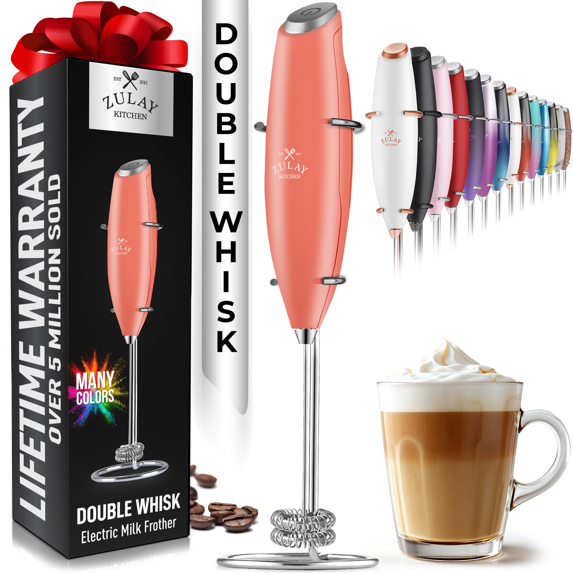 Zulay Kitchen Double Whisk Milk Frother - Handheld Foam Maker for Coffee, Lattes, Matcha, Hot Chocolate & Cappuccinos - Whip Cre