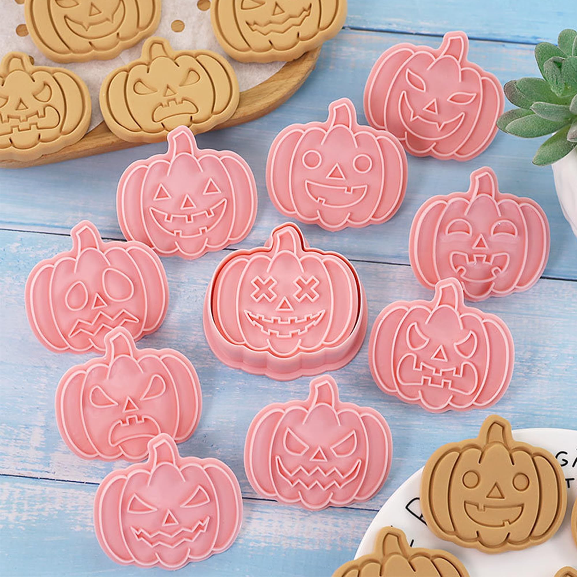 10Pcs 3D Halloween Cookie Cutter Set, Food-Grade Plastic Halloween Cookie Stamps, Pumpkin & Ghost Expressions Cookie Molds, Cook