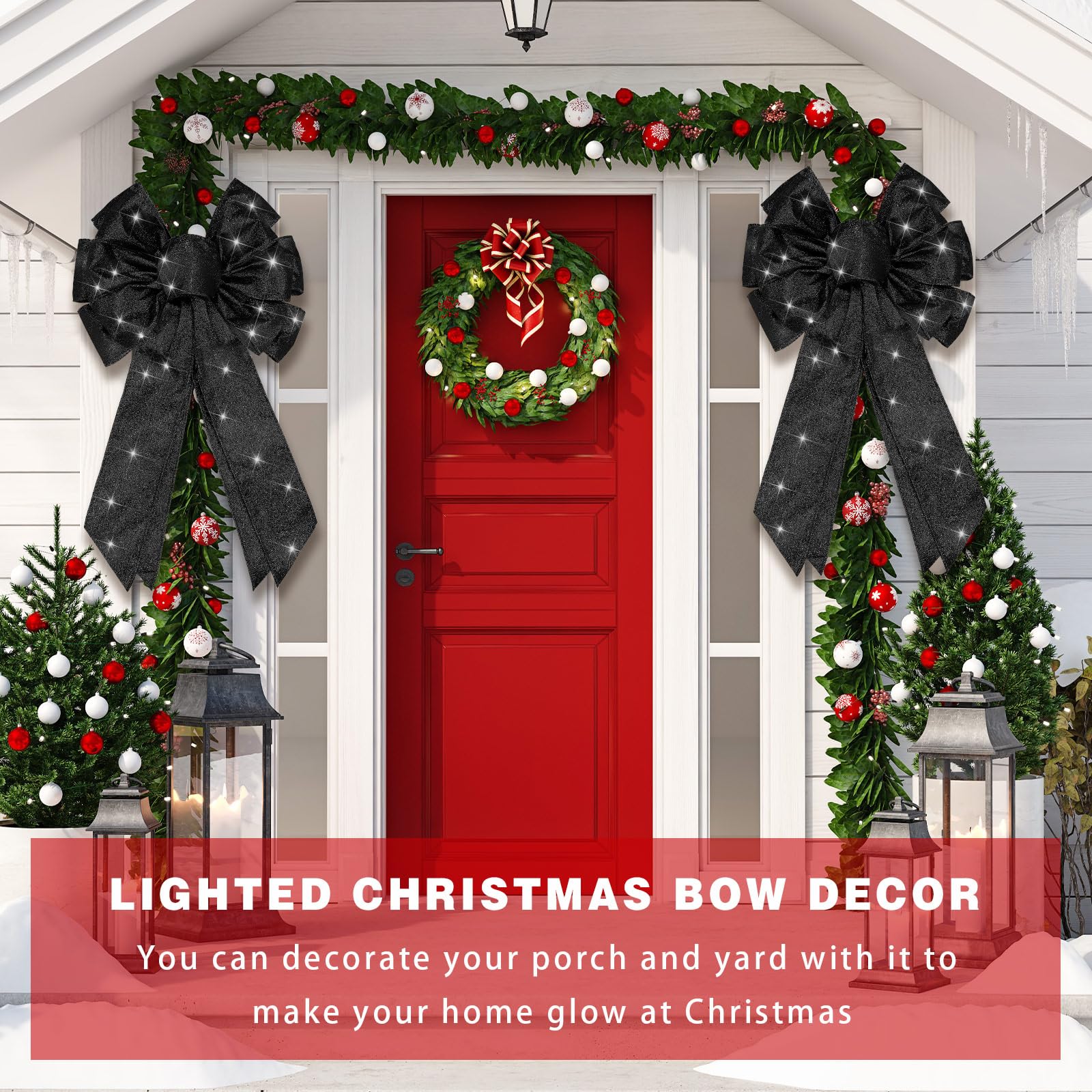Giegxin 2 Pcs Large Black Lighted Christmas Bows with Lights for Wreath and Tree Topper, 18x10 Inch Pre Lit Black Wreath Bow Lig
