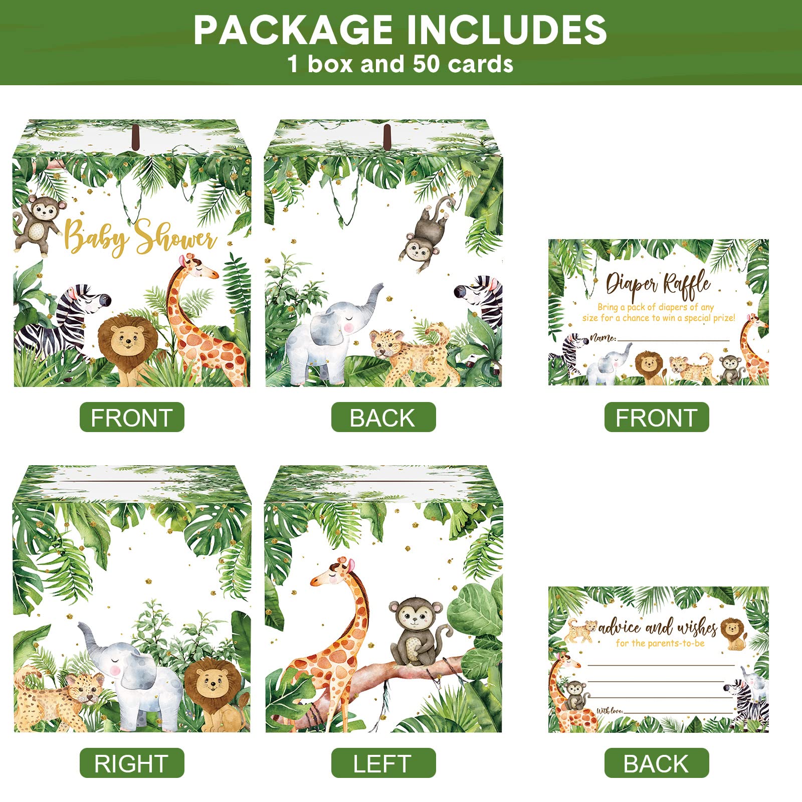 51 Pieces Woodland Baby Shower Card Box And Advice Cards, Diaper Raffle Game Box Tickets, Animals Safari Creatures Party Decorat