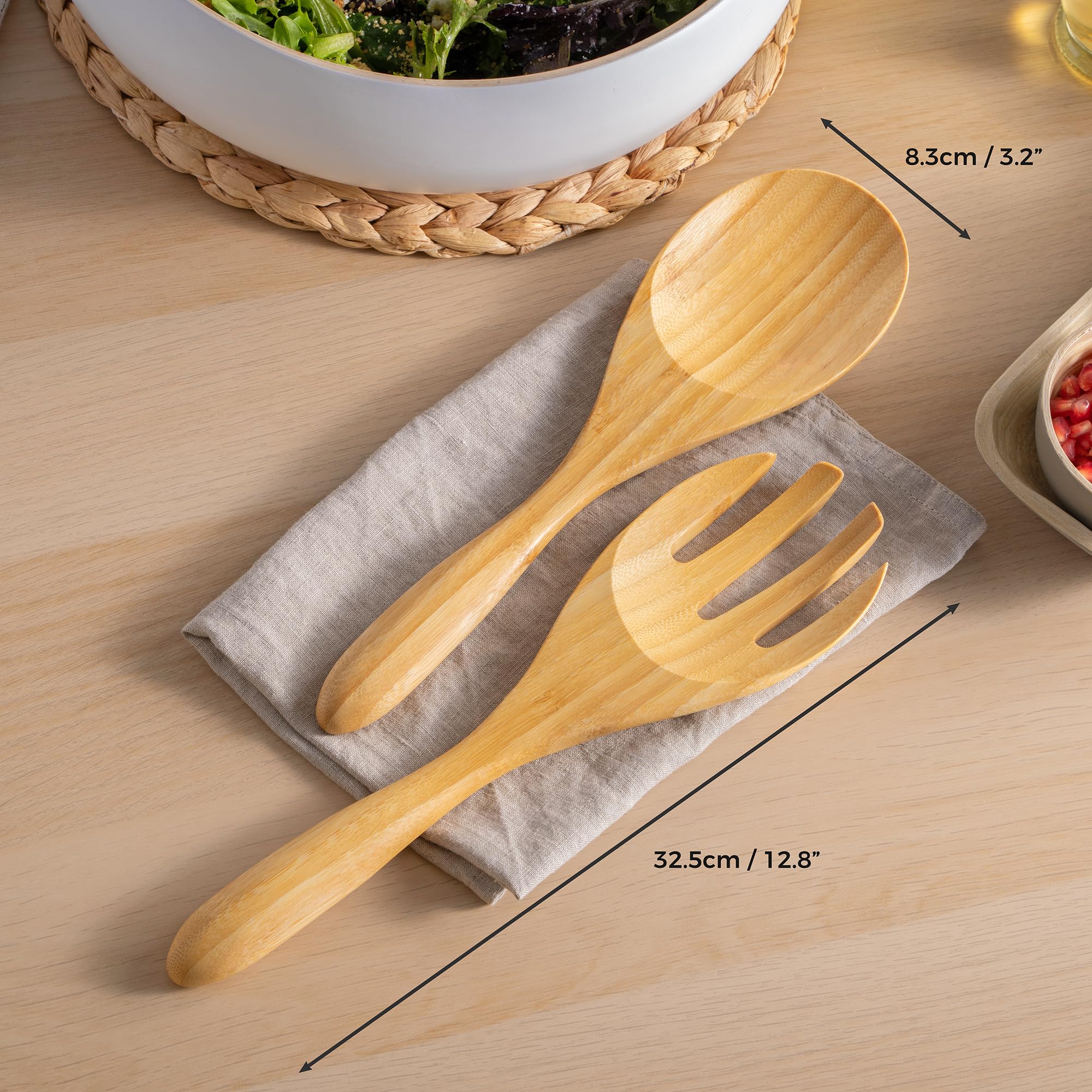 Dehaus Large Premium Bamboo Salad Tongs - Eco Friendly Wooden Serving Spoons - Salad Serving Utensils - Salad Tosser Forks - Gia