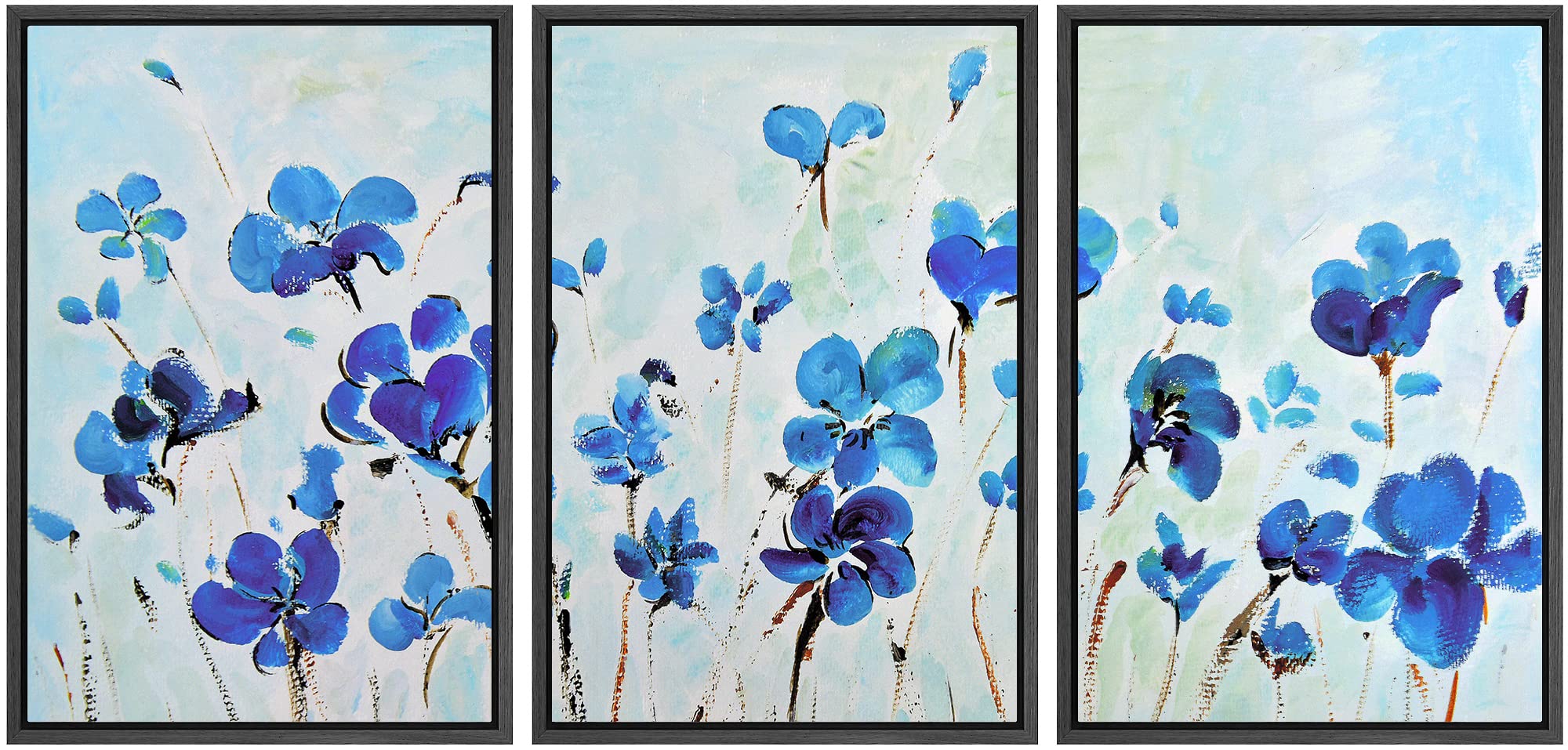 Signwin Framed Canvas Print Wall Art Set Pastel Blue Poppy Flower Wilderness Plants Illustrations Modern Art Farmhouse/Country L