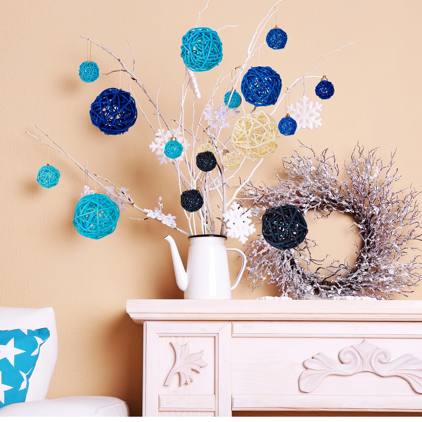 GuassLee Decorative Balls for Bowls Centerpiece, 24Pcs Blue Wicker Rattan Balls Vase Fillers Potpourri Bowl Filler for Home Bath