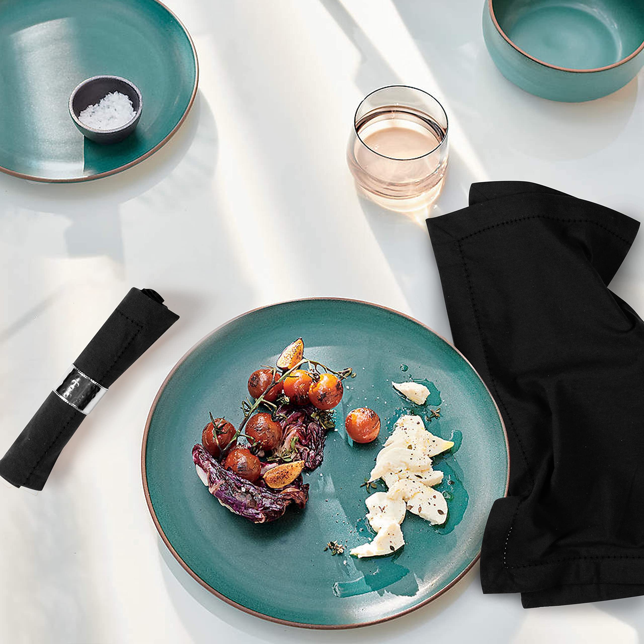 Palisa Cloth Dinner Napkins with Hemstitched Detailing & Mitered Corners Set of 4 (18x18 Inches) Black - Cotton Reusable Dinner Napkins - Perfect for Weddings & Everyday Use