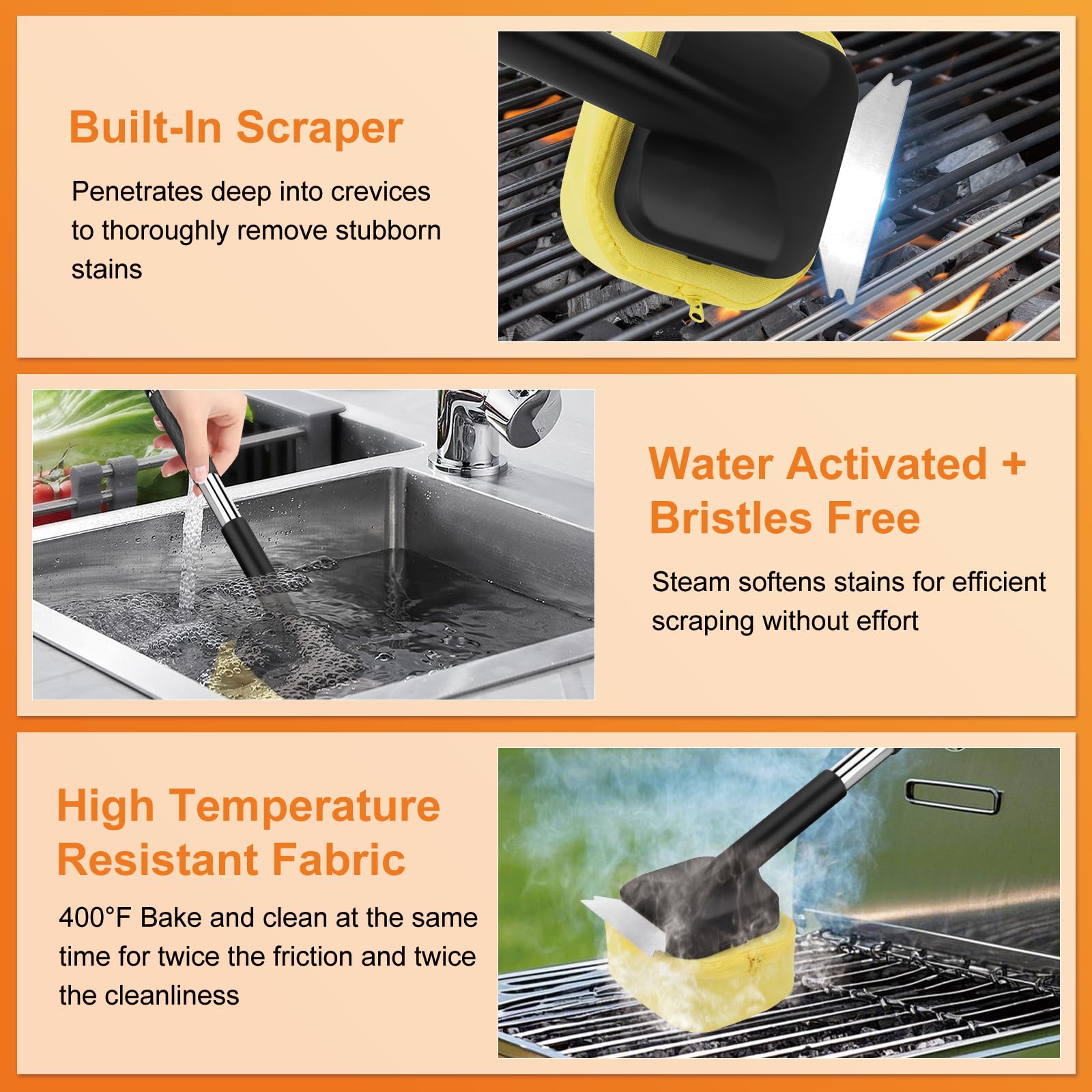 MUYFIO Grill Brush Bristle Free with 2 Replacement Heads, Safe Steam BBQ Grill Brush and Scraper, Durable Grill Cleaner for Cast