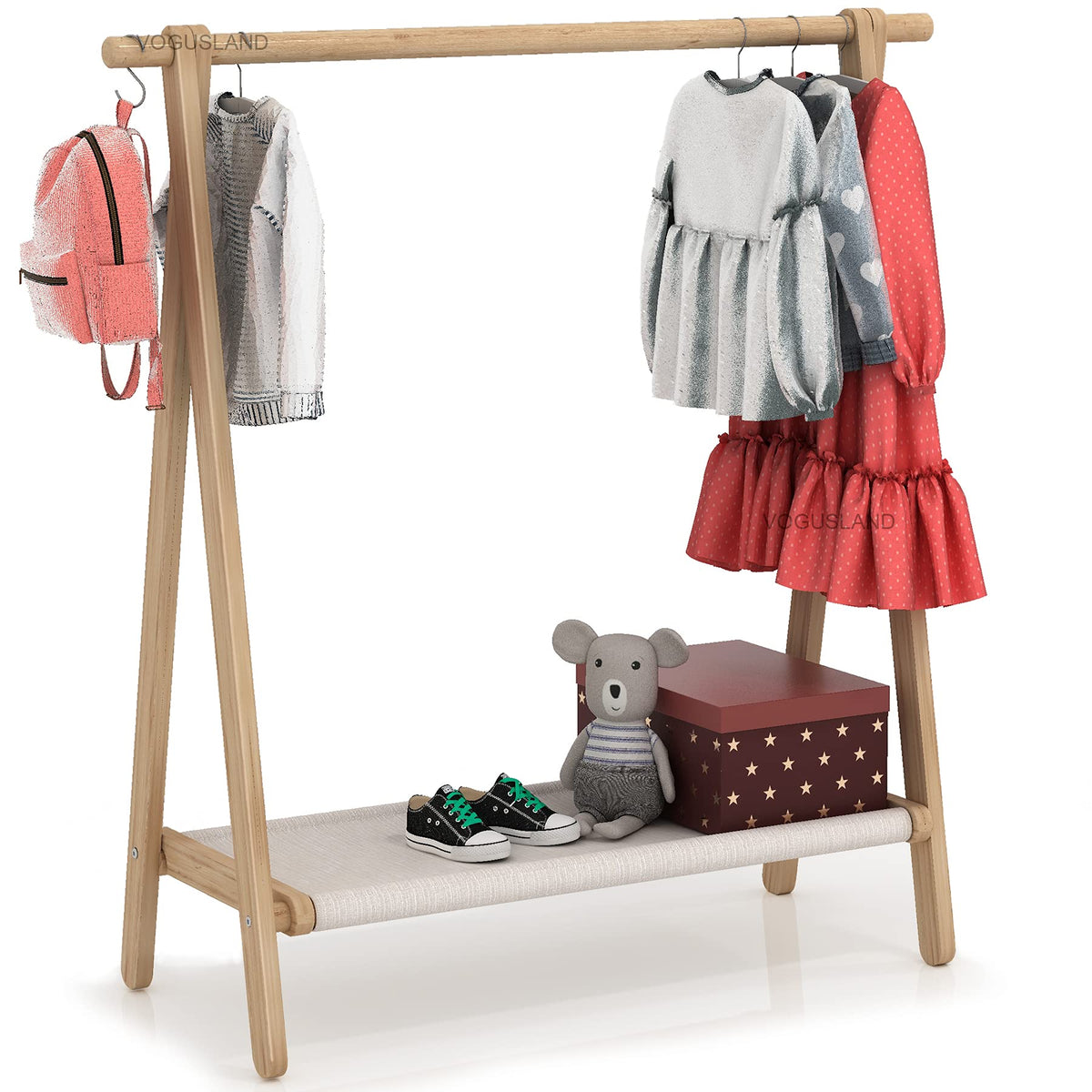 Vogusland Dress Up Rack, Child Garment Rack, Kids Clothing Rack With Storage Shelf (Natural Beech, 38'' L X 14.5'' W X 40'' H)